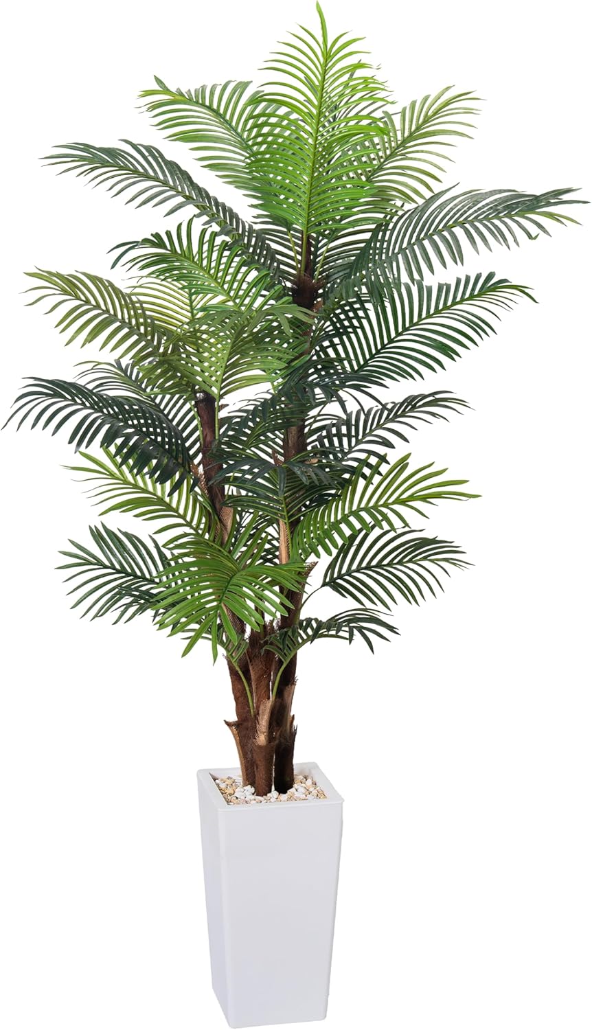Artificial Palm Tree 7FT, Fake Tree with Realistic Fiber Trunks and White Tall Planter, Faux Tropical Areca Floor Plant in Pot, Artificial Silk Plant for Home Decor Office Decor Indoor