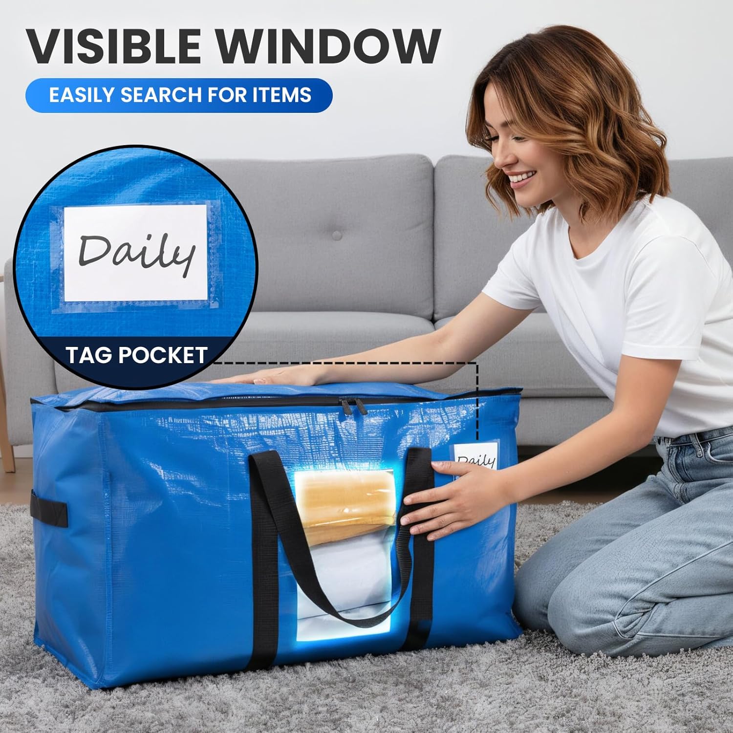 TAILI Extra Large Moving Bags, 4 Pack Blue Heavy Duty Totes For Storag