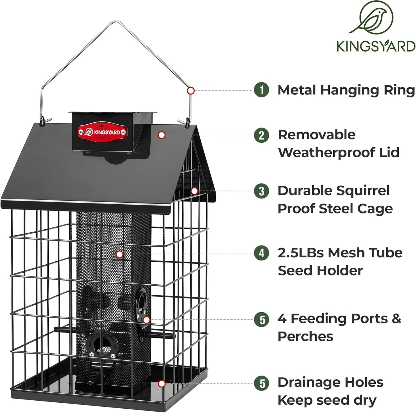 Kingsyard Squirrel Proof Caged Bird Feeder for Outdoor Hanging - Weatherproof Metal Mesh Tube Finch Bird Feeder with 4 Ports for Nyjer/Thistle Seed, Small Birds Goldfinches, Chickadees, Black