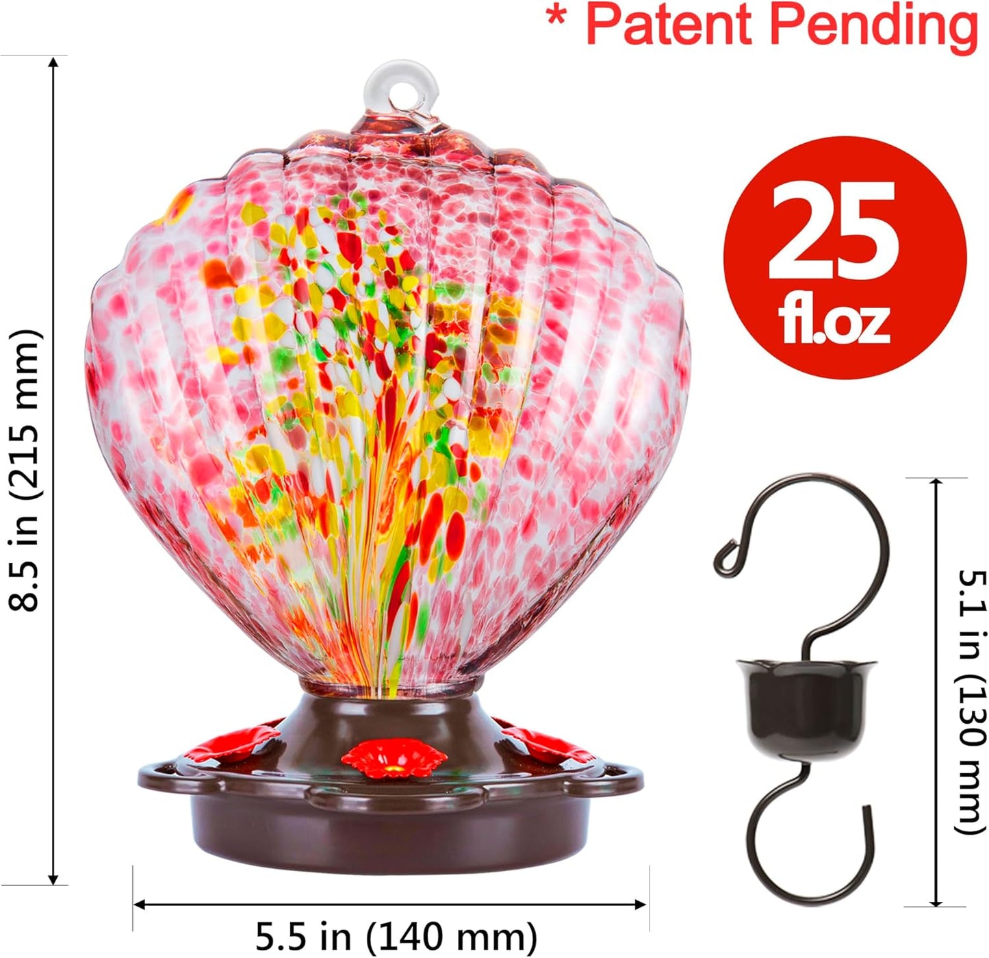 LUJII Seashell Shaped Hand Blown Glass Hummingbird Feeder for Outdoors
