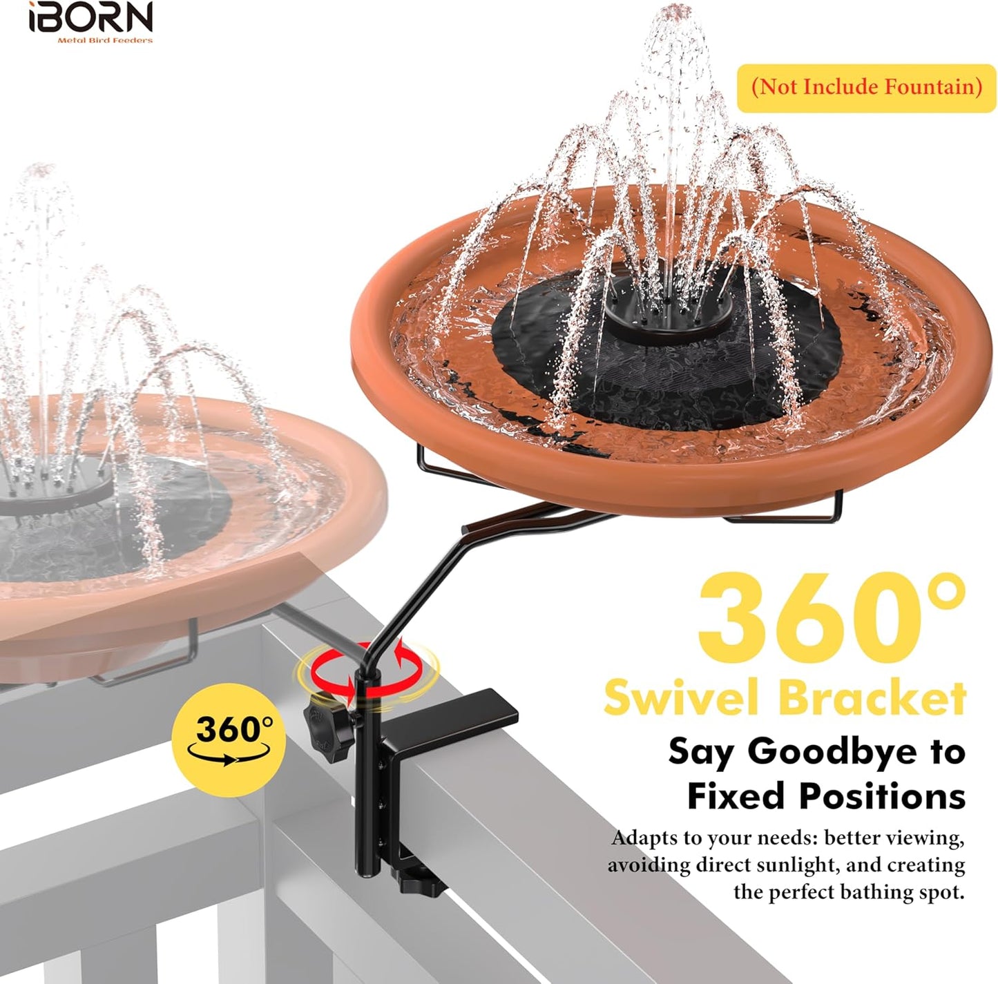 iBorn Bird Bath for Outside,Deck Mounted Bird Bath 12in，Birds Baths for Outdoors with Adjustable Clamp 3.2in，BPA-Free Bowl，360°Swivel & Adjustable Height Bracket，Detachable Birds Baths, Pack of 1