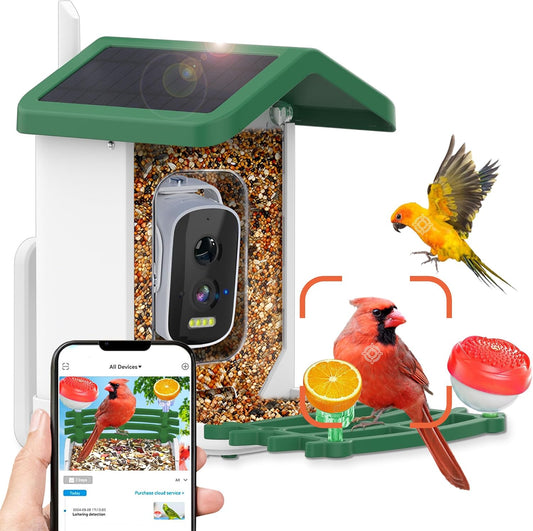 Bird Feeder with Camera,Smart AI Feeder with Solar-Powered Camera – Auto Identifier, Live View, Instant Visit Alerts, HD Video Capture for Bird Watching Enthusiasts (Weatherproof) 2.4GHz WiFi- Green