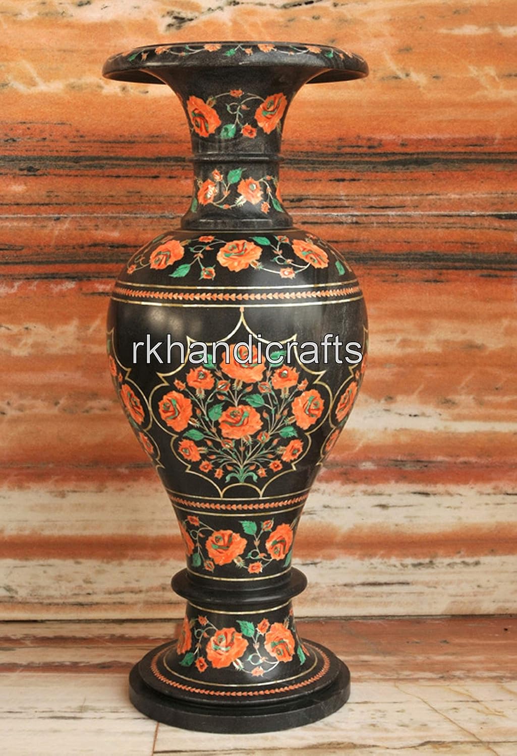 21 Inches Carnelian Plant Stand Inlaid with Floral Pattern Black Marble Table Decor Vase for Hotel and Restaurant