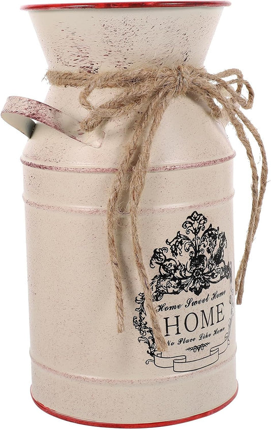 Milisten Vintage Rustic Metal Pitcher Vase with Handles, Iron Art Flower Bucket Planter for Farmhouse Home Décor, Beige Retro Flowerpot for Living Room Tabletop Arrangement