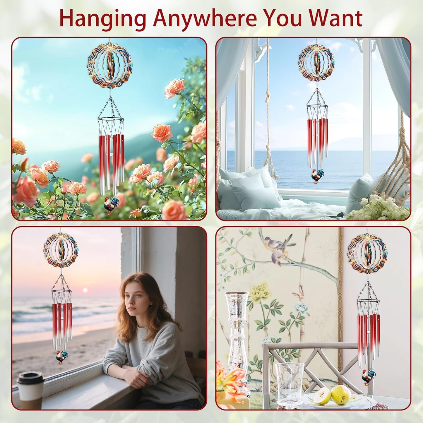 Wind Chimes with Rooster Wind Spinner, Chicken Gifts for Women Mom Friends Sisters Teacher, Metal WindChimes for Outside Home Lawn Porch Patio Garden Outdoor Decor Yard Decorations