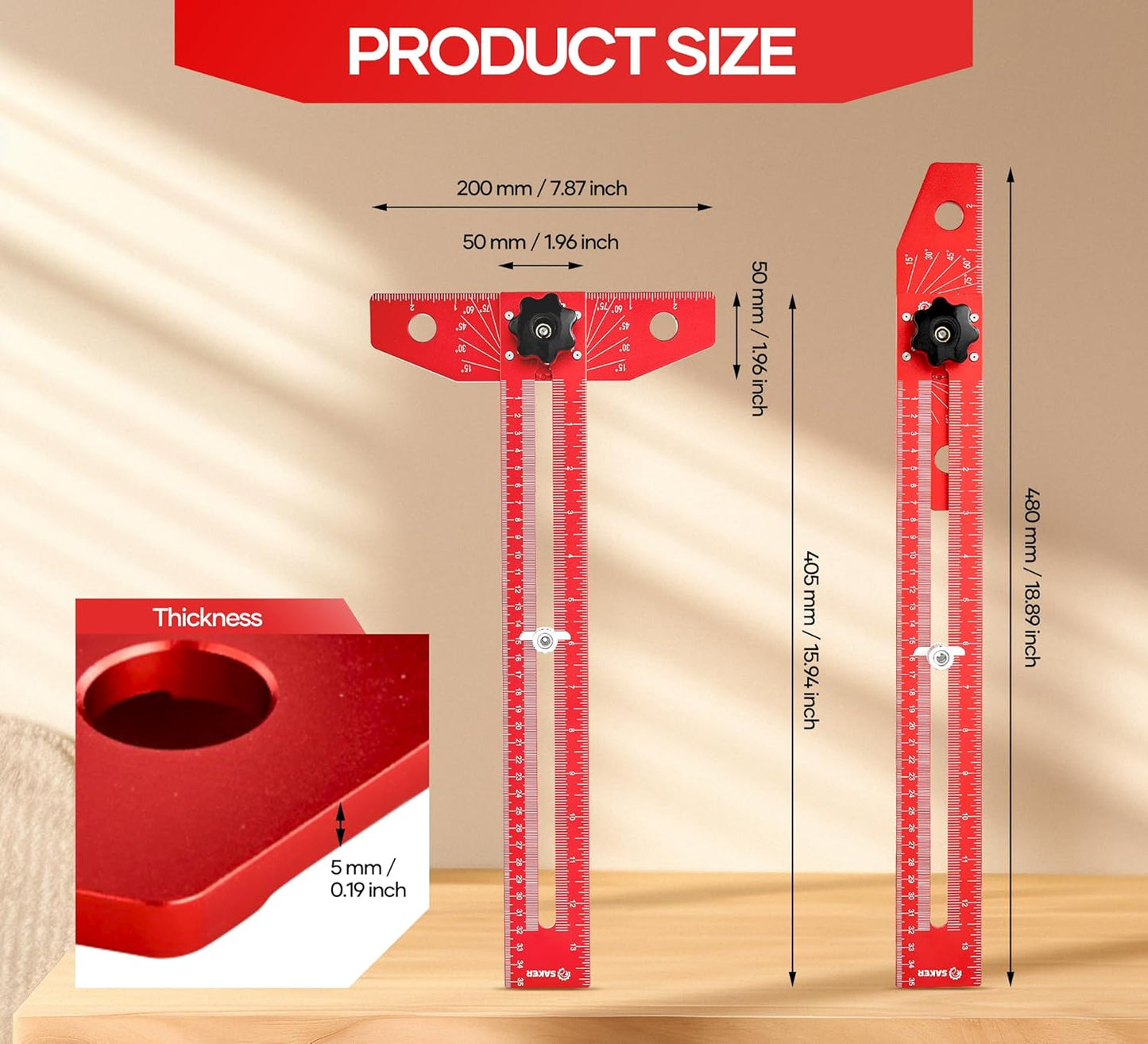 Saker Woodworking Scriber Marking Line Ruler, Adjustable Aluminum Allo