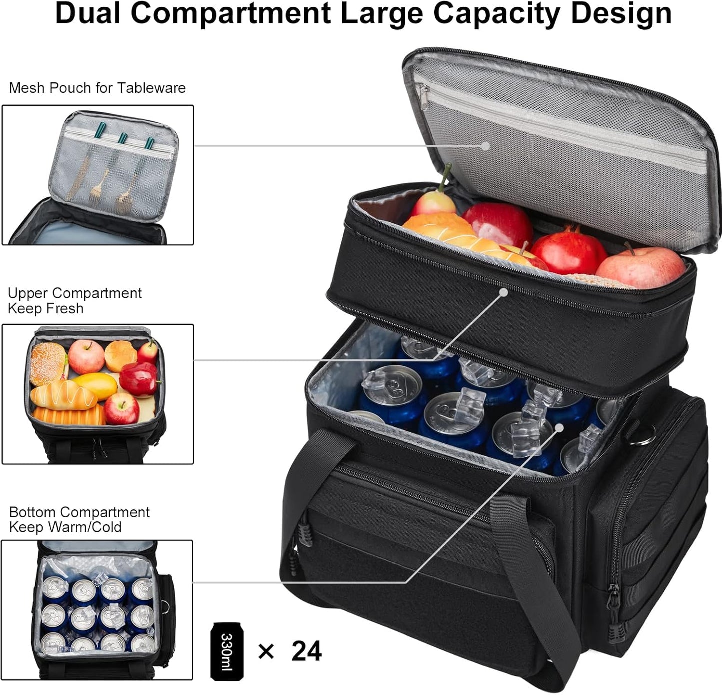 Tactical Lunch Box for Men, Insulated Lunch Bag Adult, Thermal Lunchbox Leakproof Waterproof Cooler Bag, Large Lunch Pail for Work Office Camping Travel (Black)