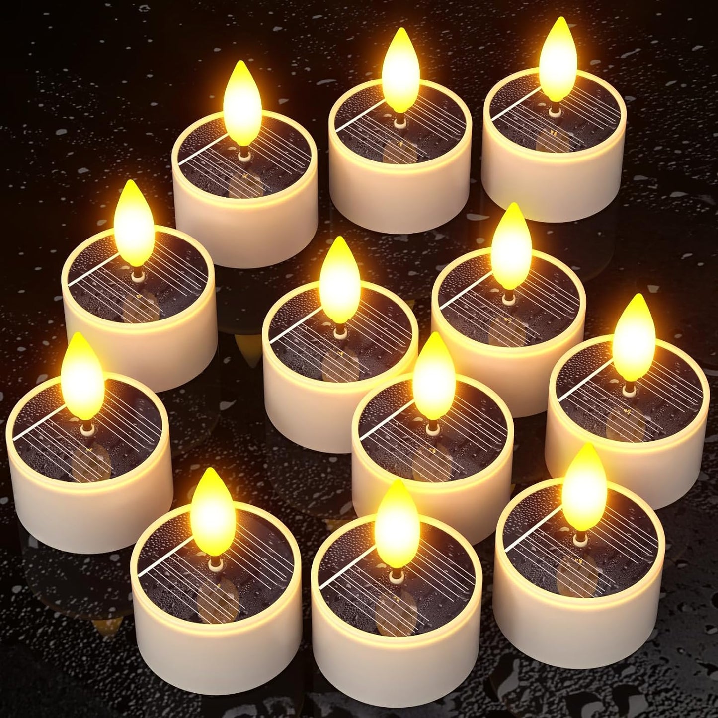 Yme Solar Tea Lights Candles, 12 Pack Small Rechargeable Battery Operated LED Flickering Flameless Tealight Candles with Dusk to Dawn Sensor for Outdoor Waterproof Garden Patio Yard Party Decor