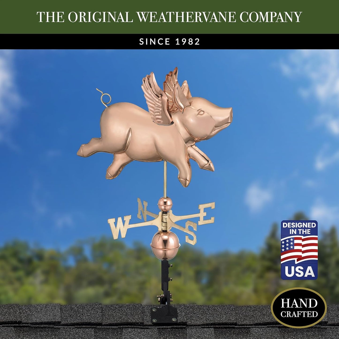 Good Directions Polished Copper Flying Pig Weathervane – Decorative Rooftop Accent for Barns, Homes, Sheds, and Cupolas – Durable & Handcrafted