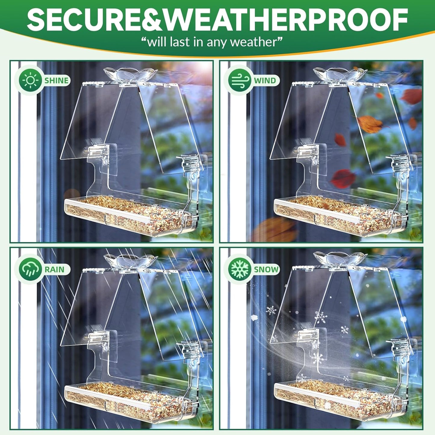 Large Window Bird Feeder with 2 Strong Suction Cups & 2 Non-Marking Adhesive Hooks, Clear View Bird Watching Gift for Bird Lovers & Cats, Bird House-Shaped Design Decor