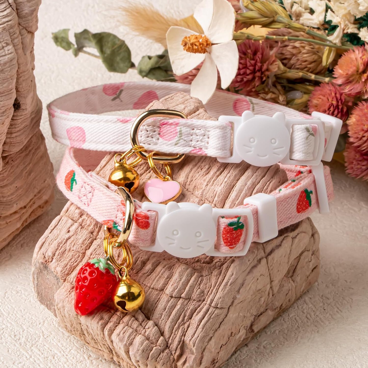 2 Pack Cotton Breakaway Cat Collar Pink Strawberries and White Heart S