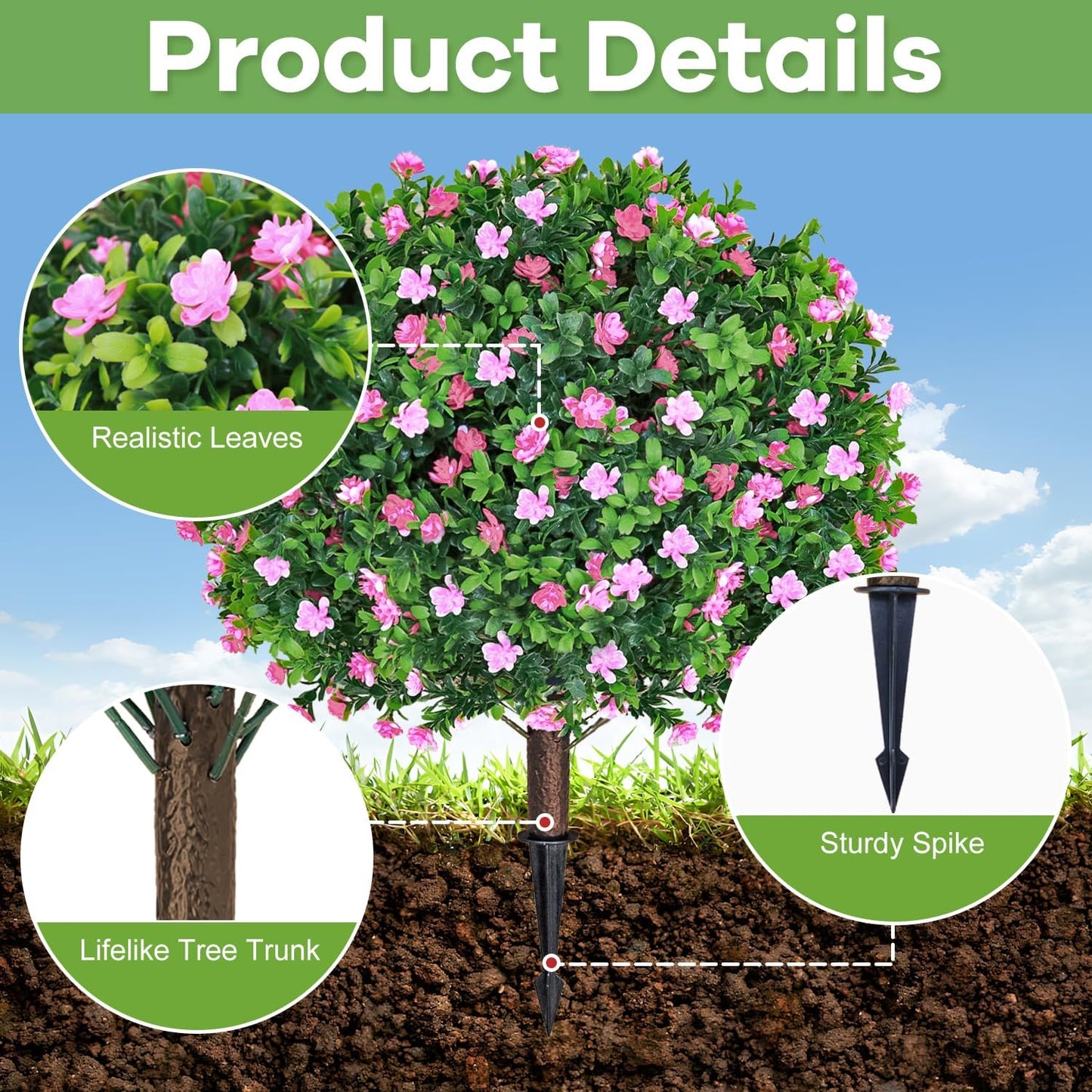 Set of 2 Artificial Boxwood Topiary Ball Trees with Pink Flowers Fake Bushes Plants Outdoor Boxwood Ball with Ground Spike 25.5 Inch UV Resistant Faux Greenery Shrubs for Porch Garden Decor