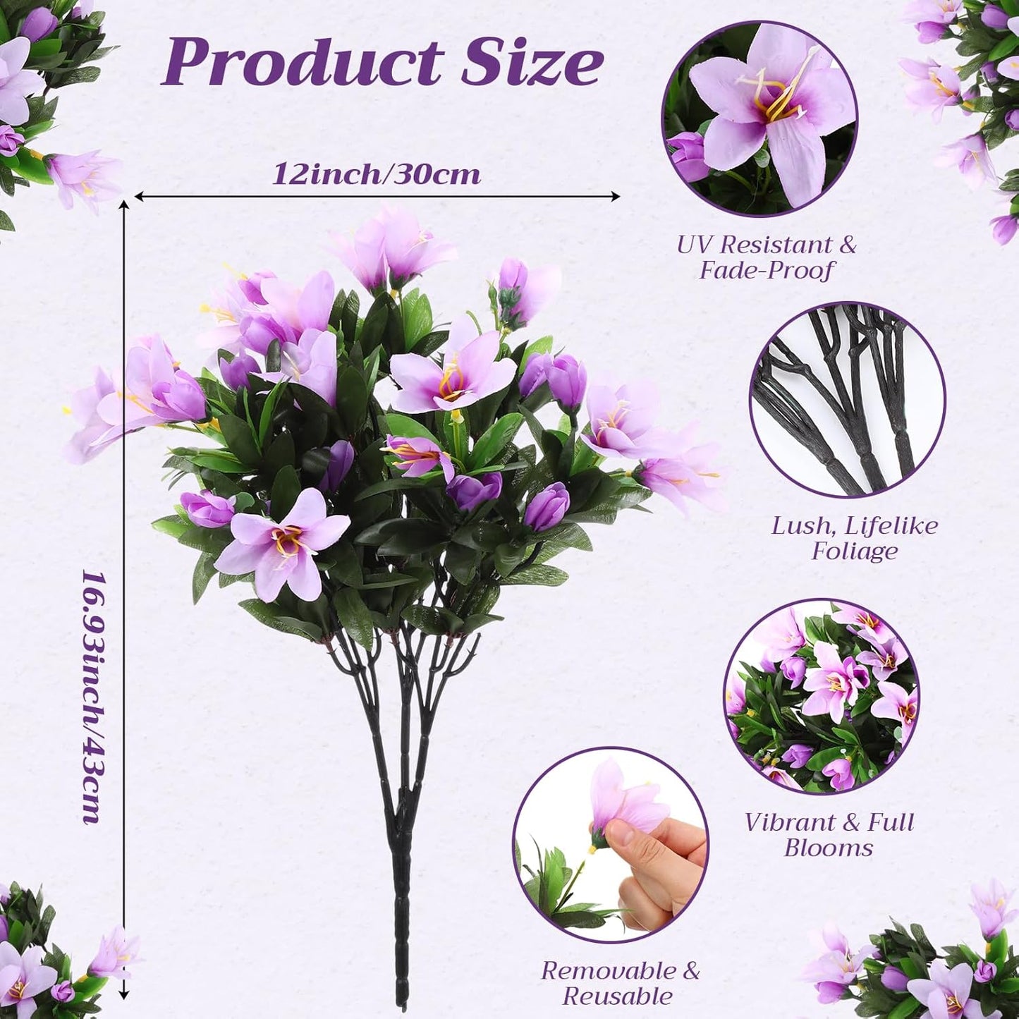 6 Bundles Artificial Azalea Flowers Spring Outdoors Decoration UV Resistant Realistic Fake Silk Azalea Flower for Outside Planters Garden Porch Window Home Flowerpot Decoration(Light Purple)