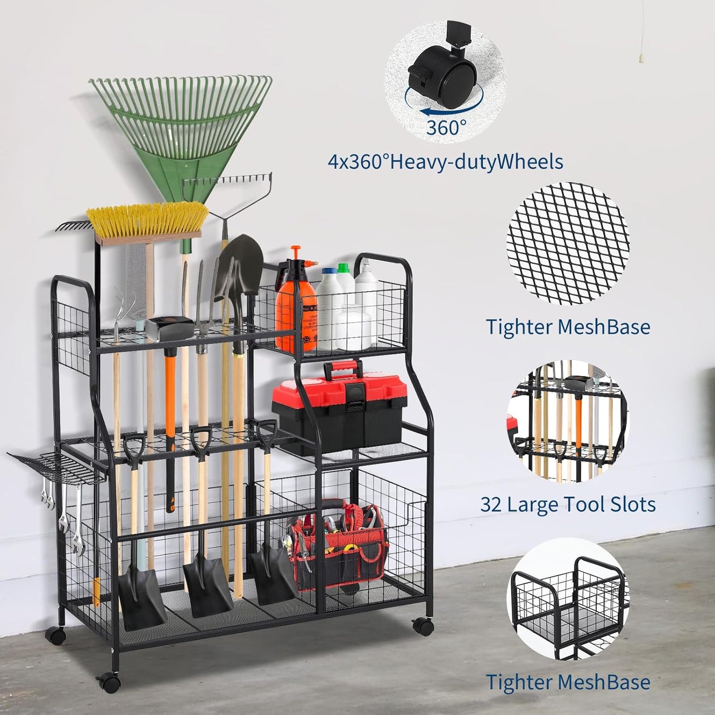 GarveeLife Garden Tool Organizer With Wheels & Basket,Yard Storage Rack with 6 Shelves,Freestanding Garage Tool Organizer for Yard Shed and Lawn
