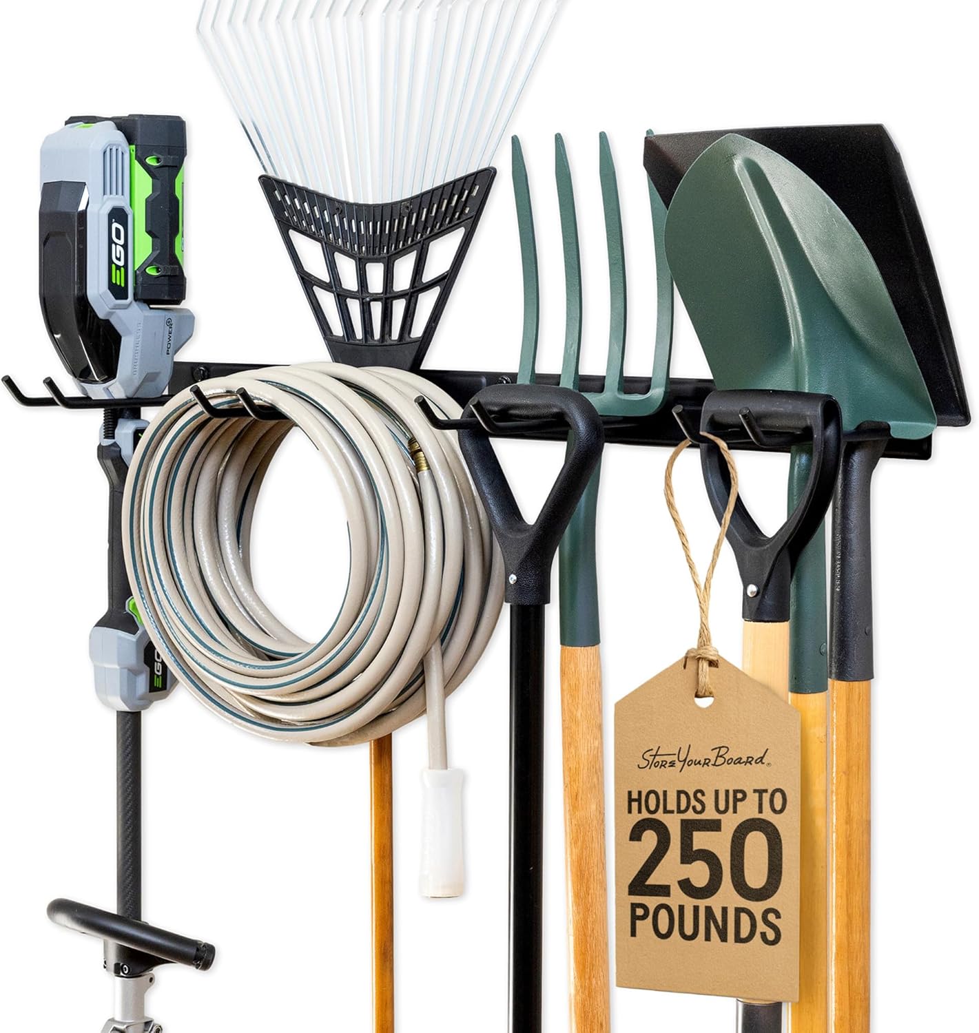 StoreYourBoard Garage Wall Organizer Tool Rack | Garden Tool Organizer System | Heavy Duty Wall Mounted Tool Storage Rack for Yard Tools Rakes Shovels 250 lb Garage Organization | 4 PVC Coated Slots