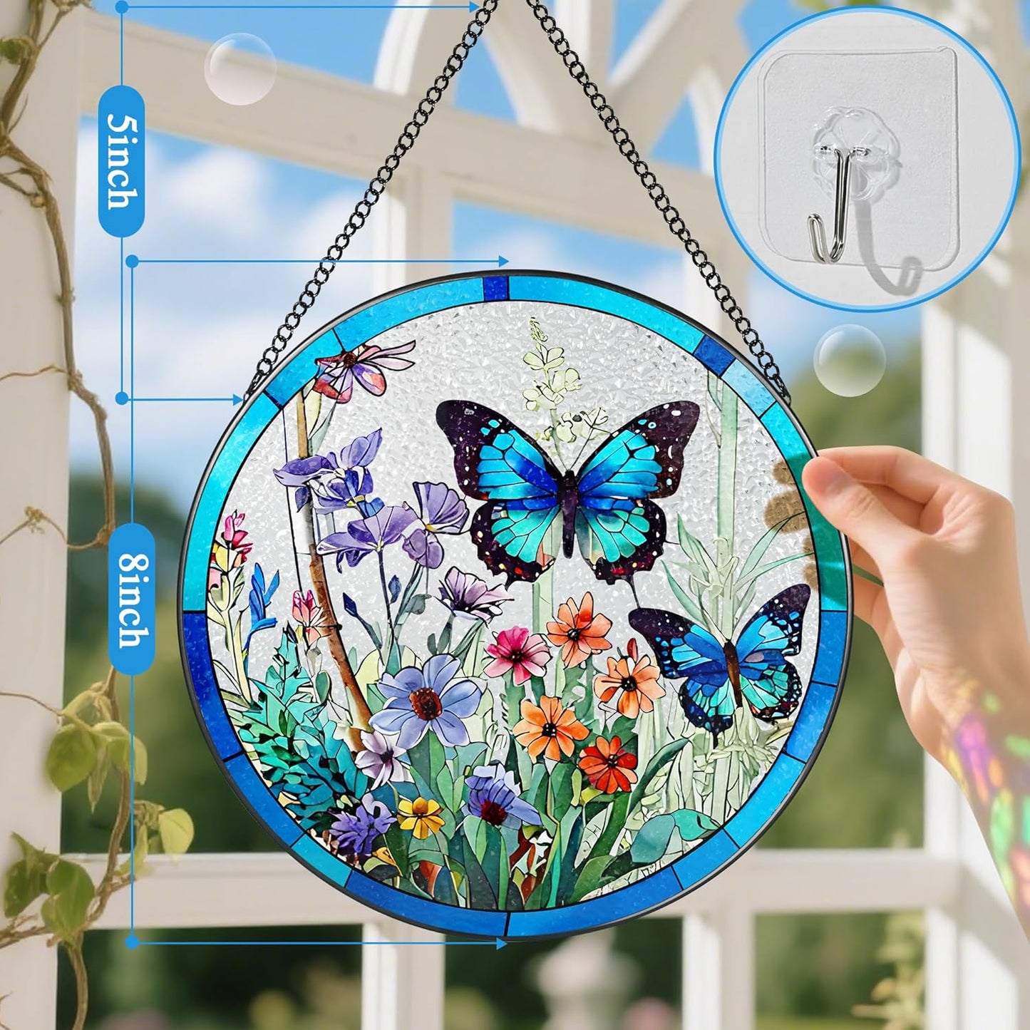Stained Glass Window Hanging, 8 Inch Butterfly Sun Catchers Indoor Win