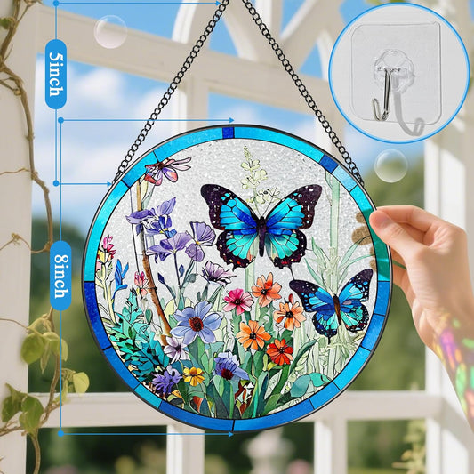 Stained Glass Window Hanging, 8 Inch Butterfly Sun Catchers Indoor Win