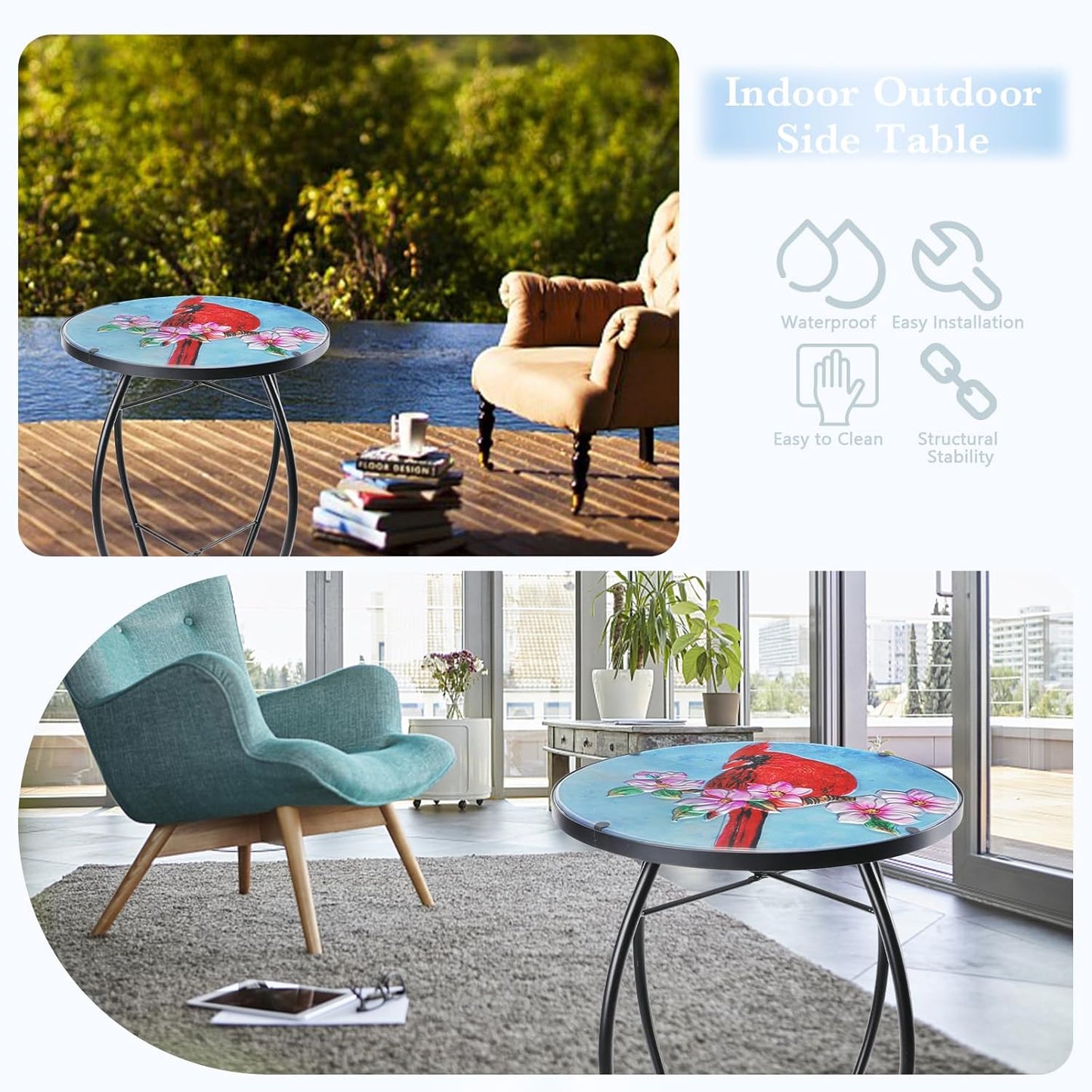 MUMTOP Side Patio Tables-Mosaic Outdoor Side Table - 14’’ Cardinal Glass Accent Round EndTable, Plant Stand Indoor Small CoffeeTable for Garden or Living Room Decor