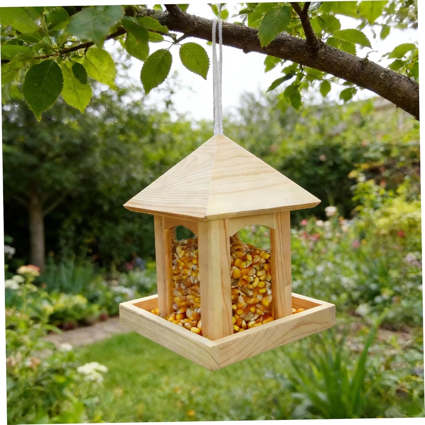 Wooden Bird Feeder for Outdoors, Hanging Bird Feeder with Perch to Welcome Various Birds, Weather-Resistant Birdfeeder for Garden or Balcony