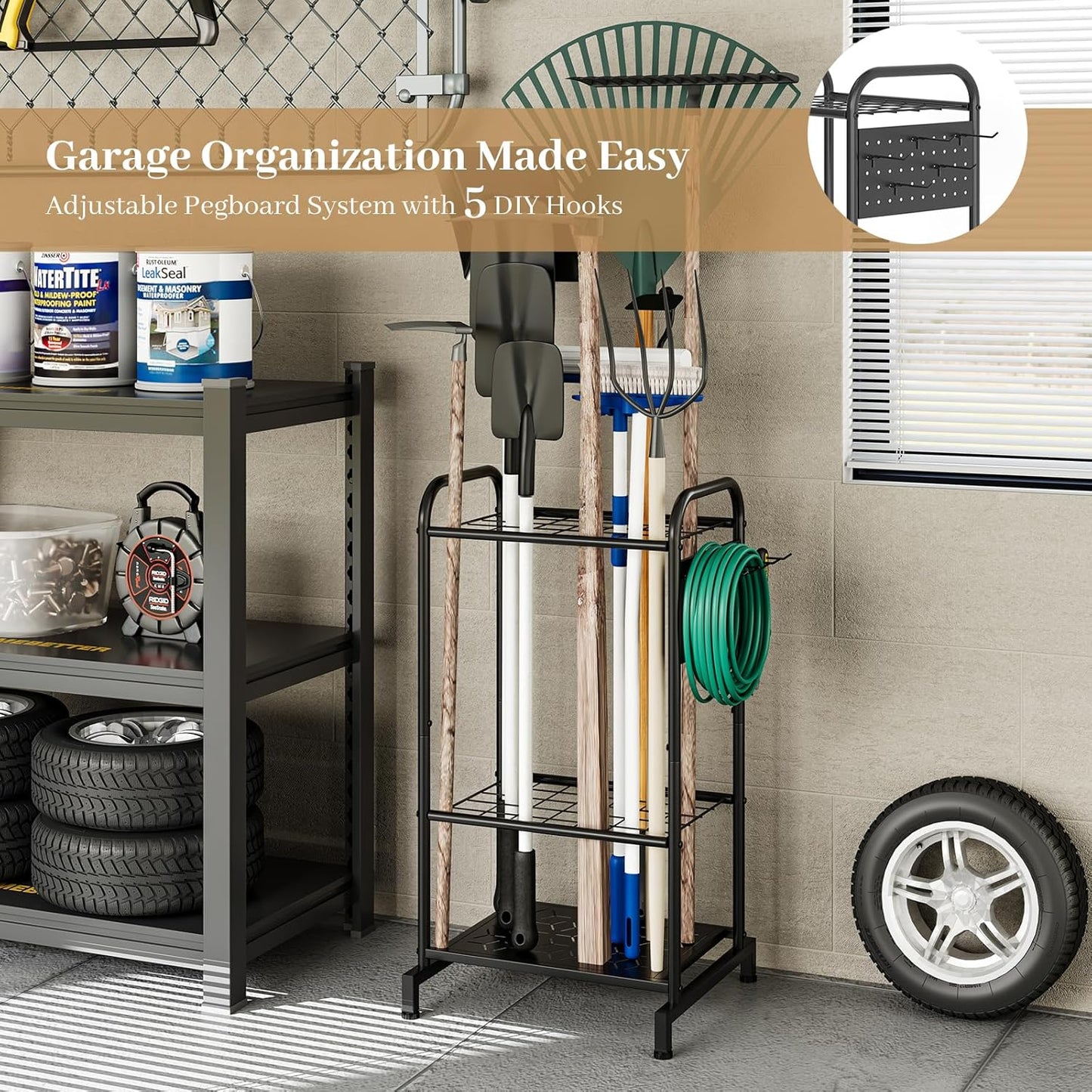 Garden Tool Organizer, Garage Tool Storage Rack, Heavy Duty Metal with Side Pegboard & Adjustable Hooks, Utility Racks for Shed, Patio & Outdoor Use