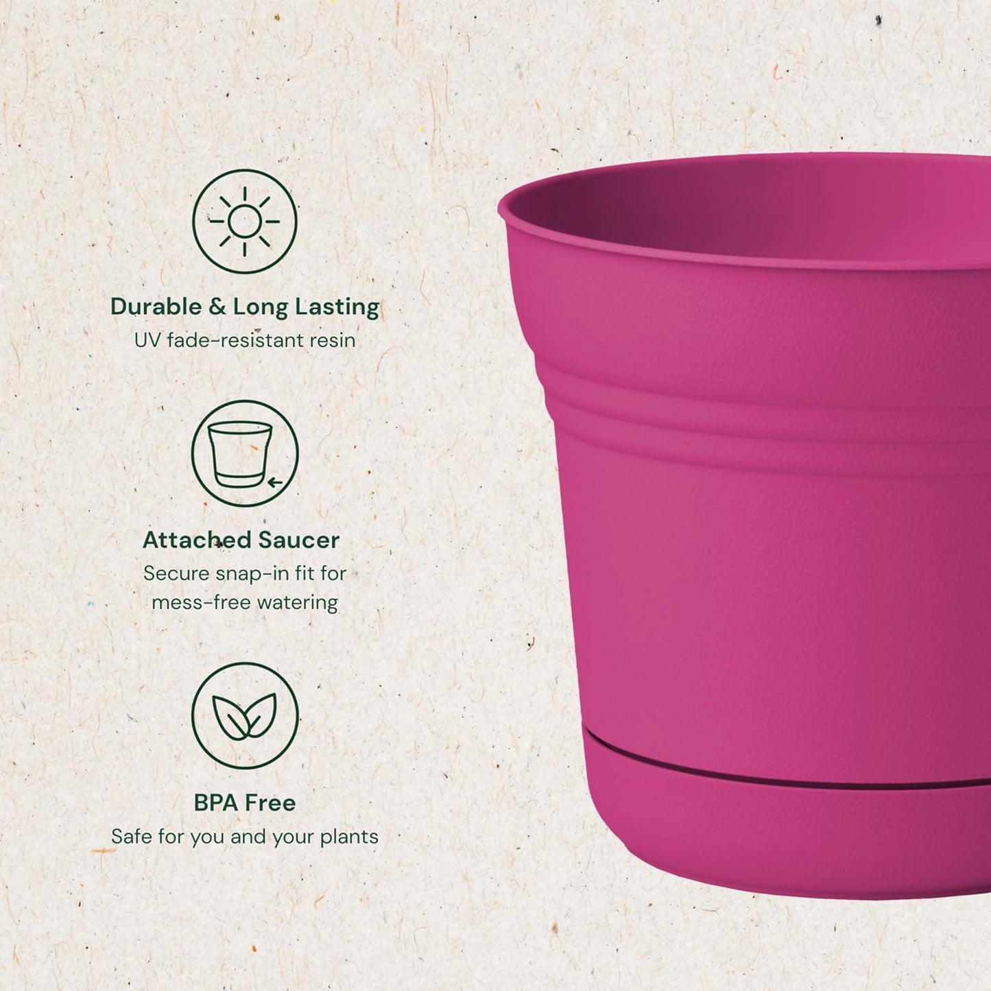 Bloem Saturn 7" Fuchsia Round Resin Planter Pot with Snap-in Saucer fo