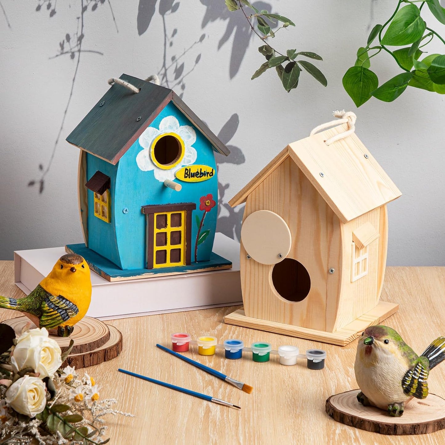 Liliful 2 Pack Wooden Bird House Kits, Build It Yourself Woodworking Kit for Adult Kids 4-8, 8-12 with Paint and Paintbrushes, Solid Weather Proof Natural Pine Wood, Pre Drilled (Rural Style)