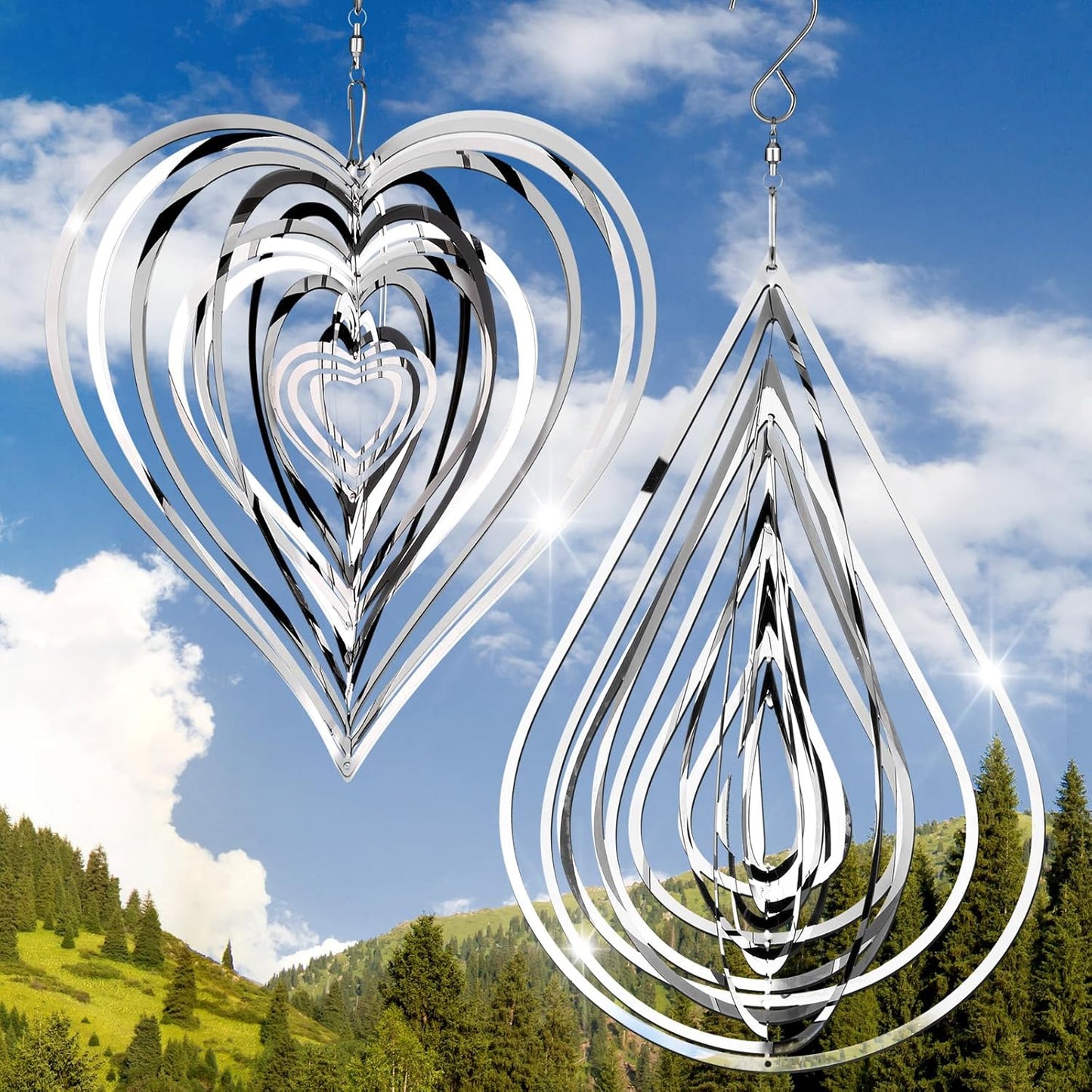 Jetec 2 Pcs Reflective Wind Spinners Outdoor Stainless Steel Bird Woodpecker Devices Deterrent 3D Metal Hanging Wind Spinners for Women Gifts Garden Decor Yard Patio Farm, Heart, Water Drop(Silver)