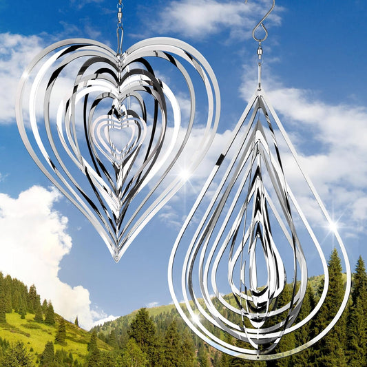 Jetec 2 Pcs Reflective Wind Spinners Outdoor Stainless Steel Bird Woodpecker Devices Deterrent 3D Metal Hanging Wind Spinners for Women Gifts Garden Decor Yard Patio Farm, Heart, Water Drop(Silver)