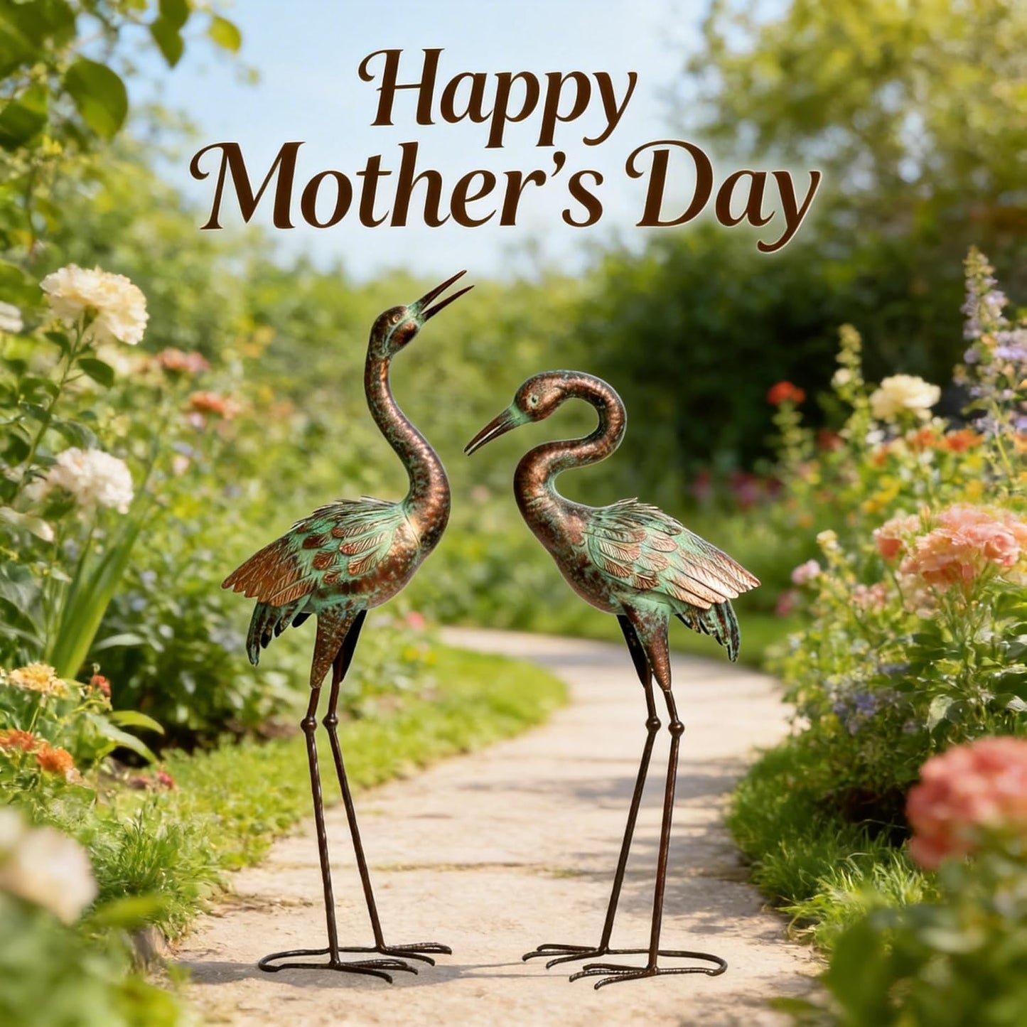 Shorayn Garden Crane Statues, Blue Heron Sculptures for Outdoor, Cranes Decor Metal Bird, Patina Garden Art Lawn Ornaments for Yard Patio Porch Outside Decorations