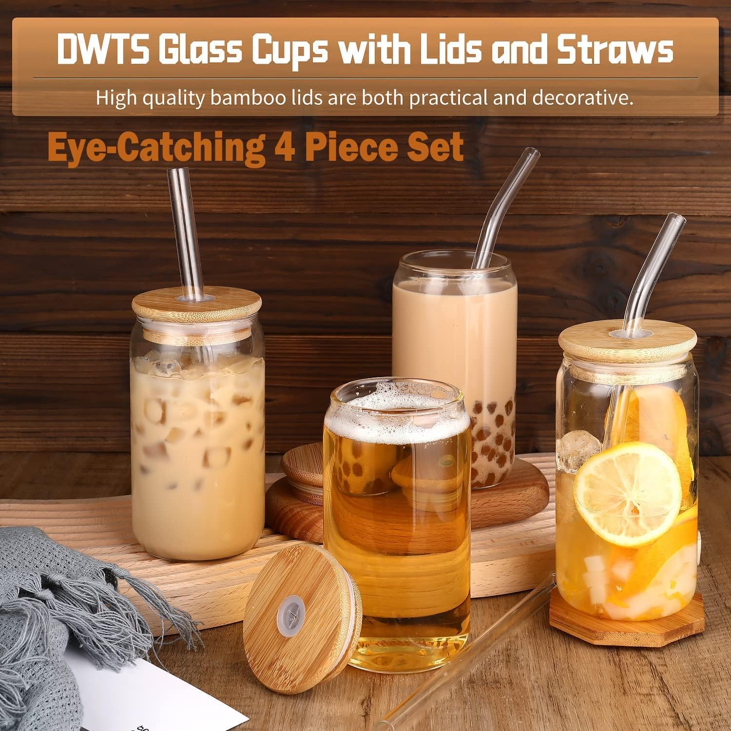 DWTS DANWEITESI Glass Cups with Lids and Straws 4 pcs,16oz Drinking Gl