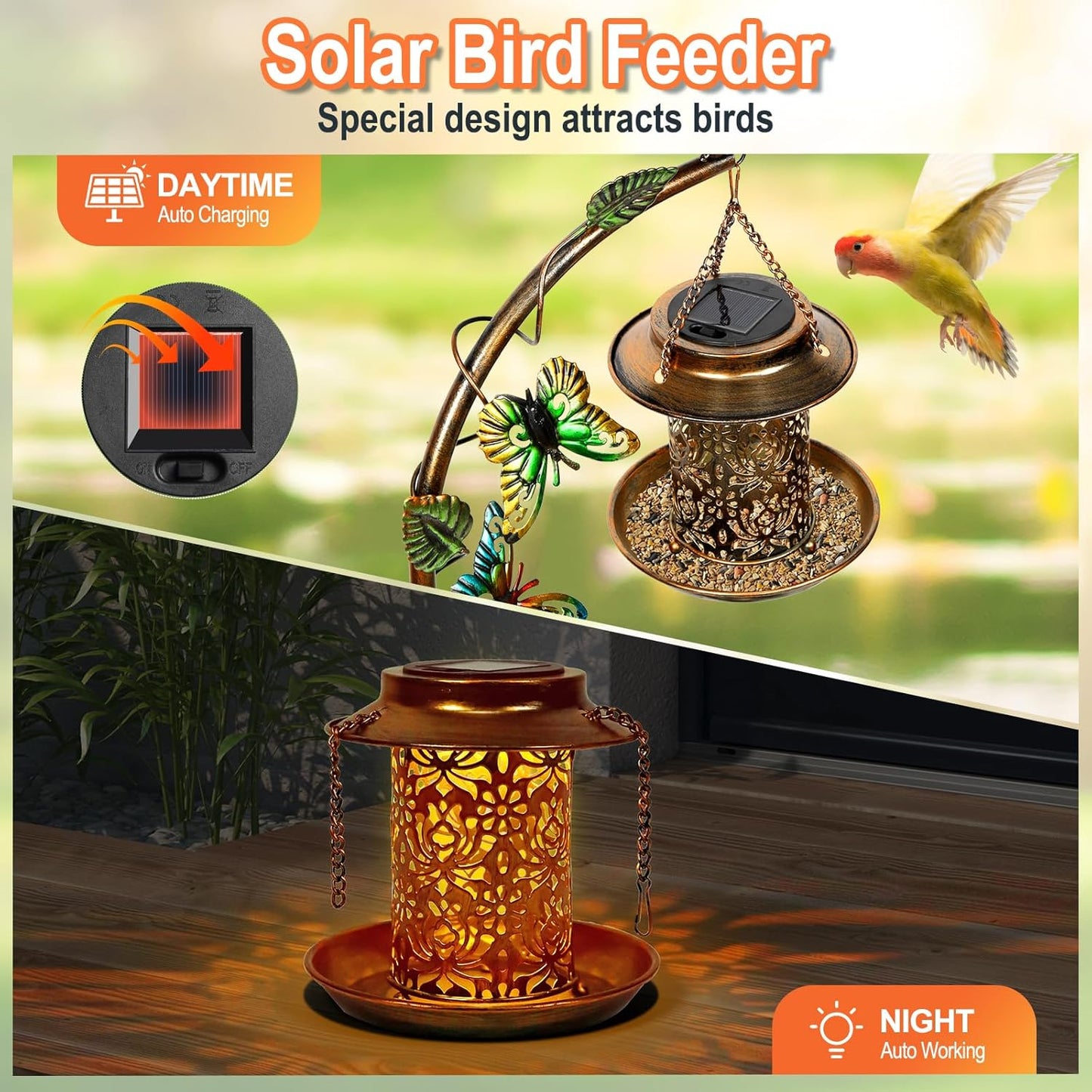 3 In 1 Bird Bath for Outside and Solar Bird Feeders Combo with Flower Planter Pedestal, 38" Metal Bird Baths Heavy Duty for Outdoors, Vintage Birdbaths for Garden Yard Lawn Decor -Waterproof
