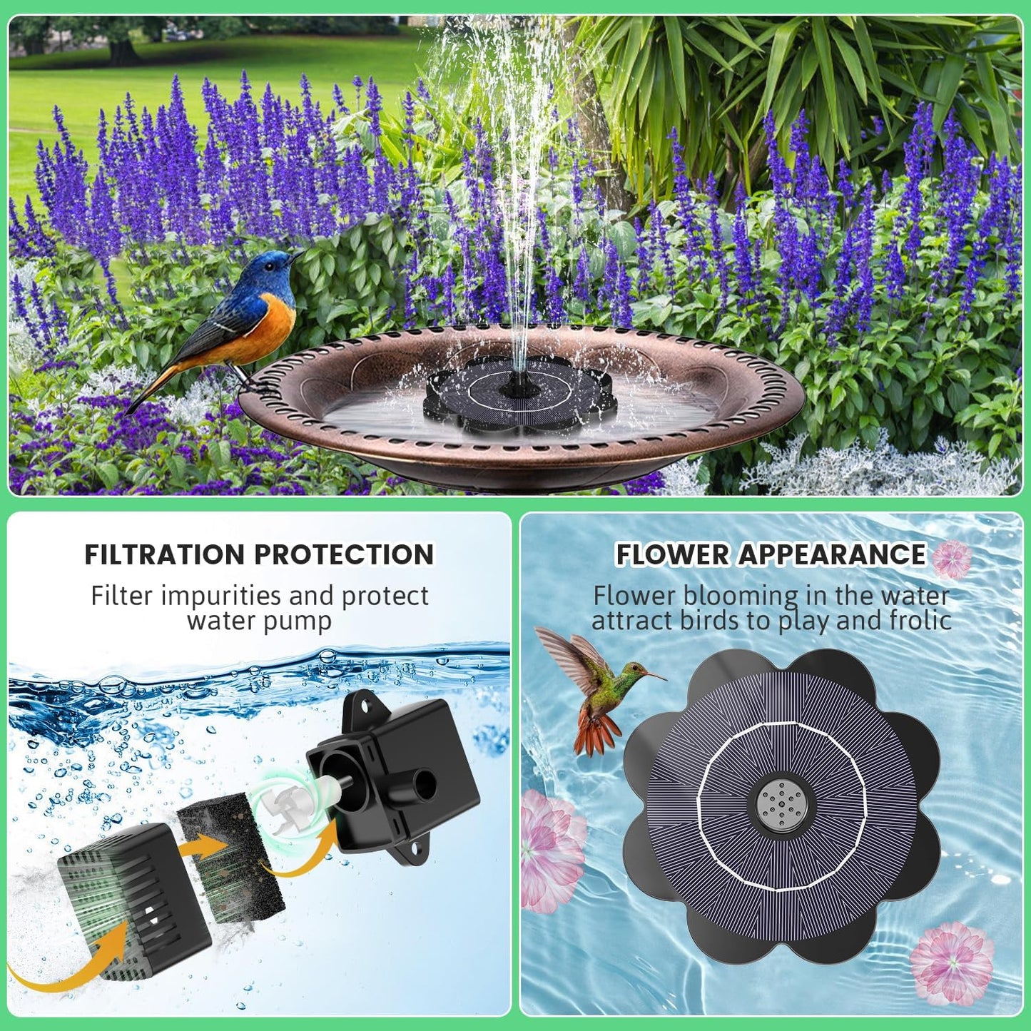 SZMP Solar Water Fountain with Flower Pattern No Battery,Faster Conversion Solar Bird Bath Fountains Glass Solar Panel,Solar Fountain for Bird Bath Garden Small Ponds Outdoor Décor