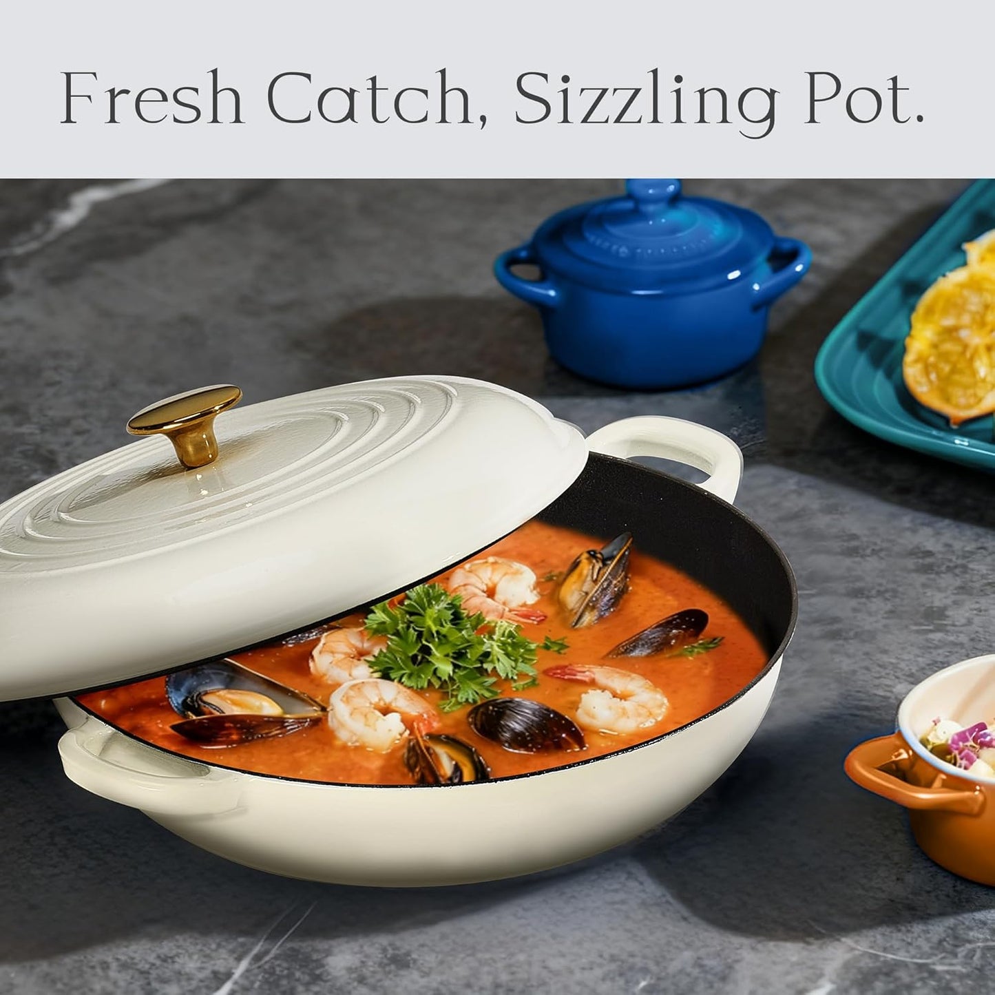 CAROTE 3.4QT Enameled Cast Iron Braiser Pan, Shallow Dutch Oven Casser