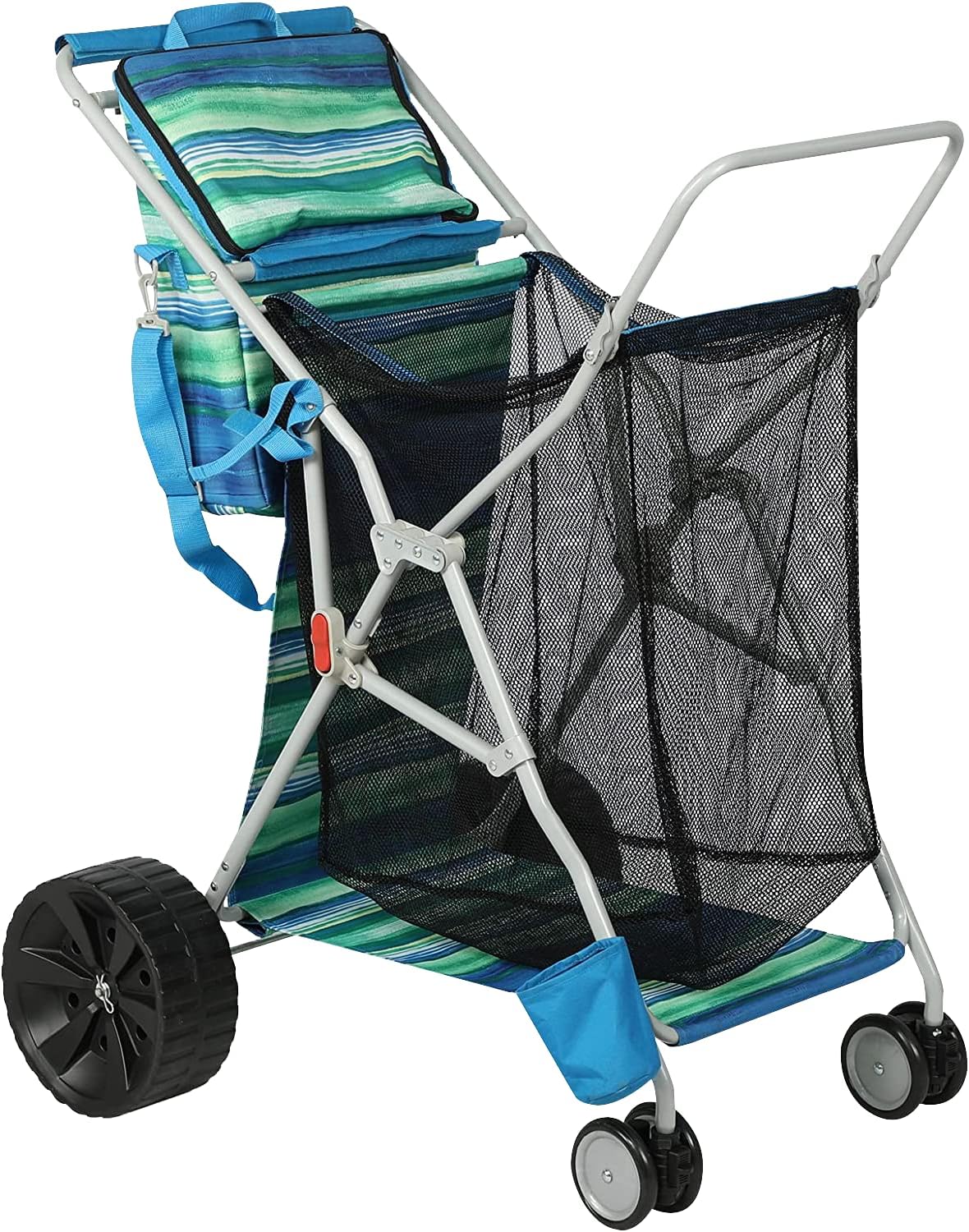 Beach Cart with Big Wheels for Sand, Collapsible All-Terrain Beach Wagon with Cooler Bag & Umbrella Holder, Large Mesh Storage, Supports 100lbs for Camping, Outdoor, Shopping, Dark Blue Stripes