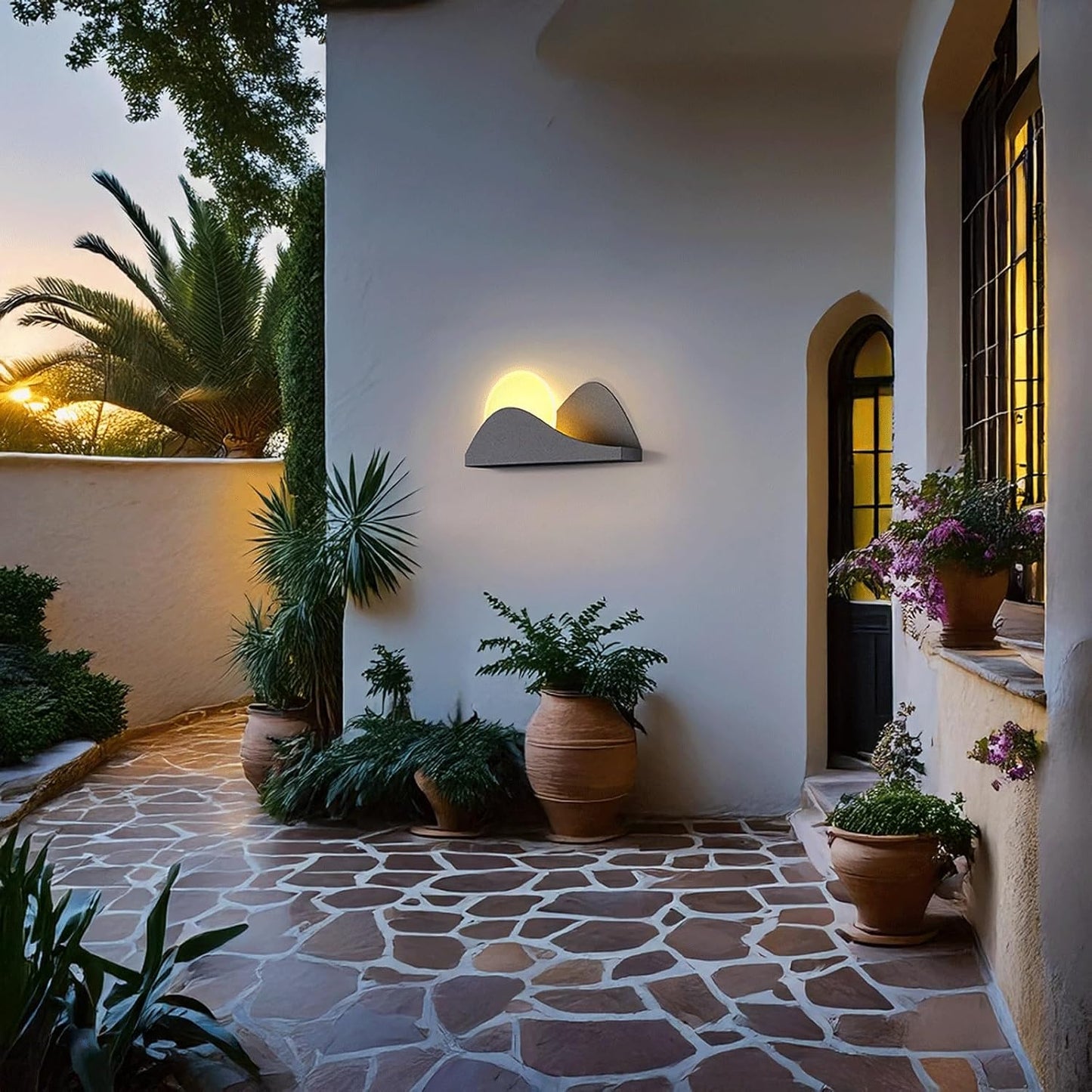 Solar Outdoor Wall Light, Mountain Design Wall Lamp, IP65 Waterproof 3000K LED Flash Grey Stainless Steel Wall Mounted Fixture with Acrylic, Exterior Wall Sconce for Garden, Patio, Fence(Large)