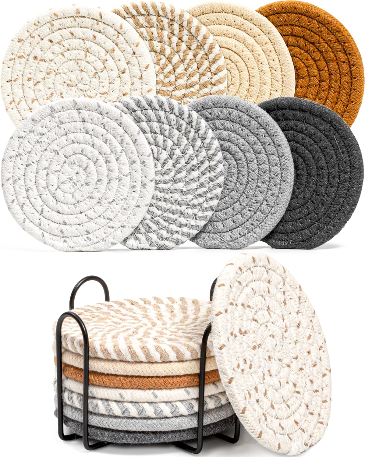 8 Pcs Drink Coasters with Holder, 8 Colors Absorbent Coasters for Drin