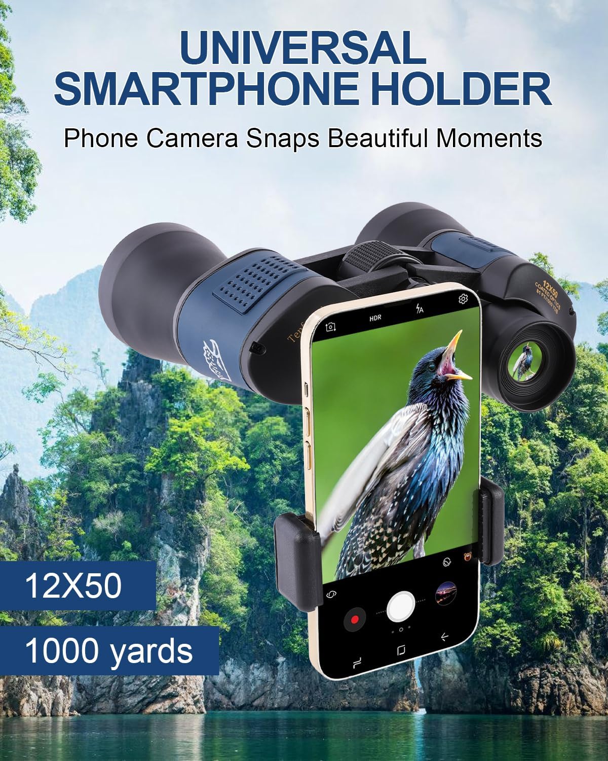 12x50 High Powered Binoculars - HD Low Light Vision for Bird Watching/Hunting/Cruise, Waterproof with Compass & Phone Adapter