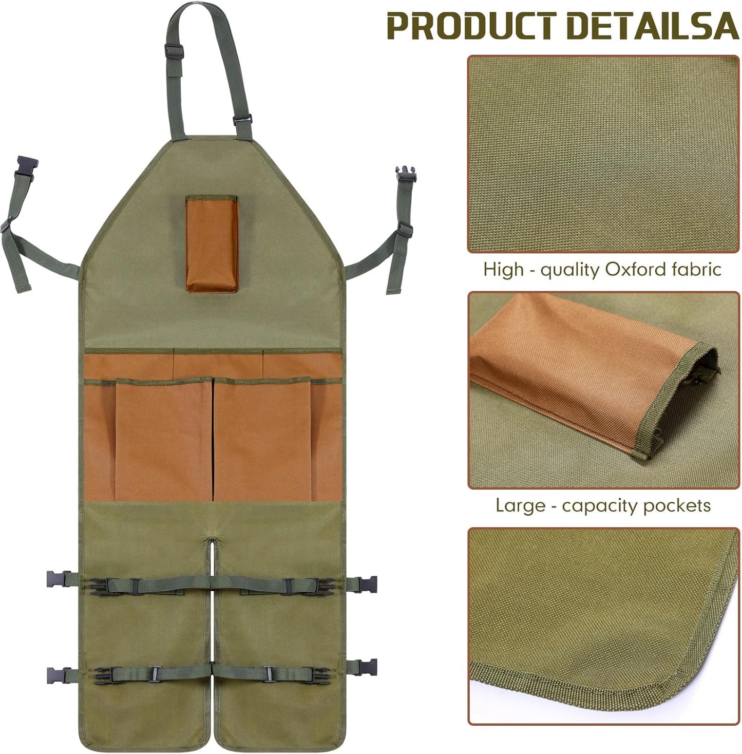 Gardening Apron Adjustable Legs Waterproof Apron with 6 Release Pockets Army Green Adjustable Buckle for Gardening Woodworking Pottery BBQ Cafe Kitchen Painting Carpenter Work