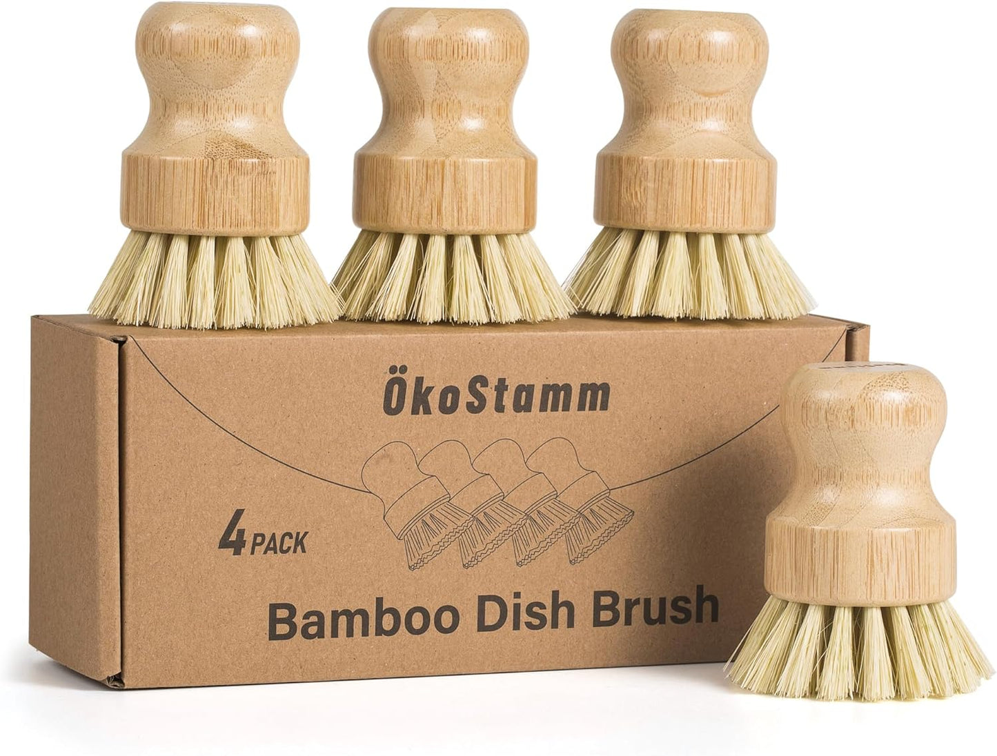 4 Pack Bamboo Dish Brush, Dish Scrubber Brush with Sisal Bristle, Natural Scrub Brush for Kitchen Cleaning Dishes, Pots, Pans, Bottles, Vegetables