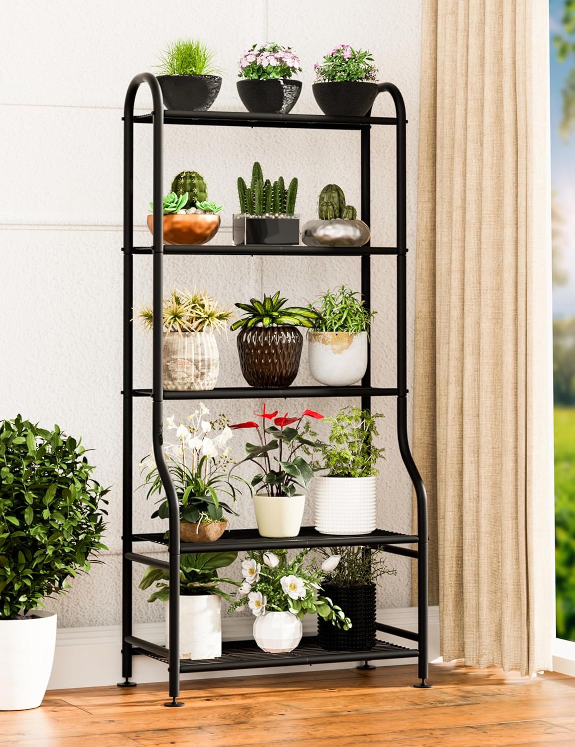5-Tier Metal Plant Stand Indoor Outdoor, Waterproof Flower Stand for M