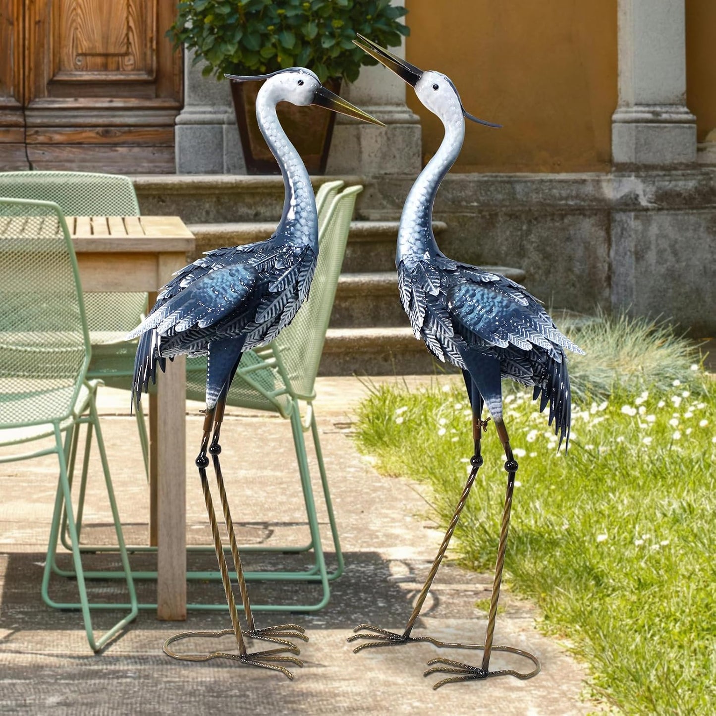 33-35 Inch Blue Heron Garden Statues, Metal Cranes Sculptures Outdoor, Bird Statues Set of 2