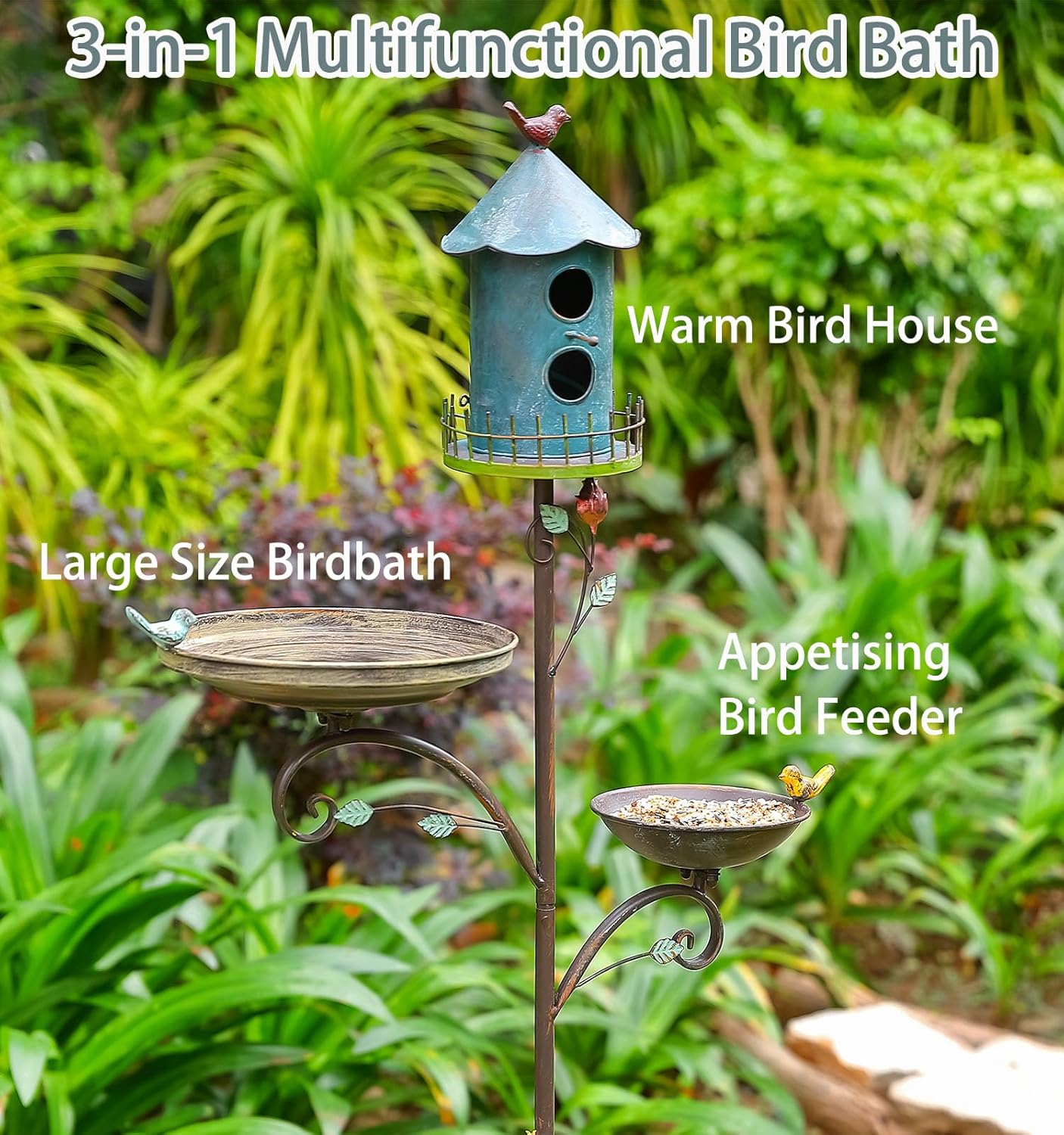 Metal Bird Bath Feeder and Houses for Outdoors, Birdbaths for Outside with 4-Prong Stake, 3 in 1 Free Standing with Blue House on Pole for Garden Patio Yard Lawn