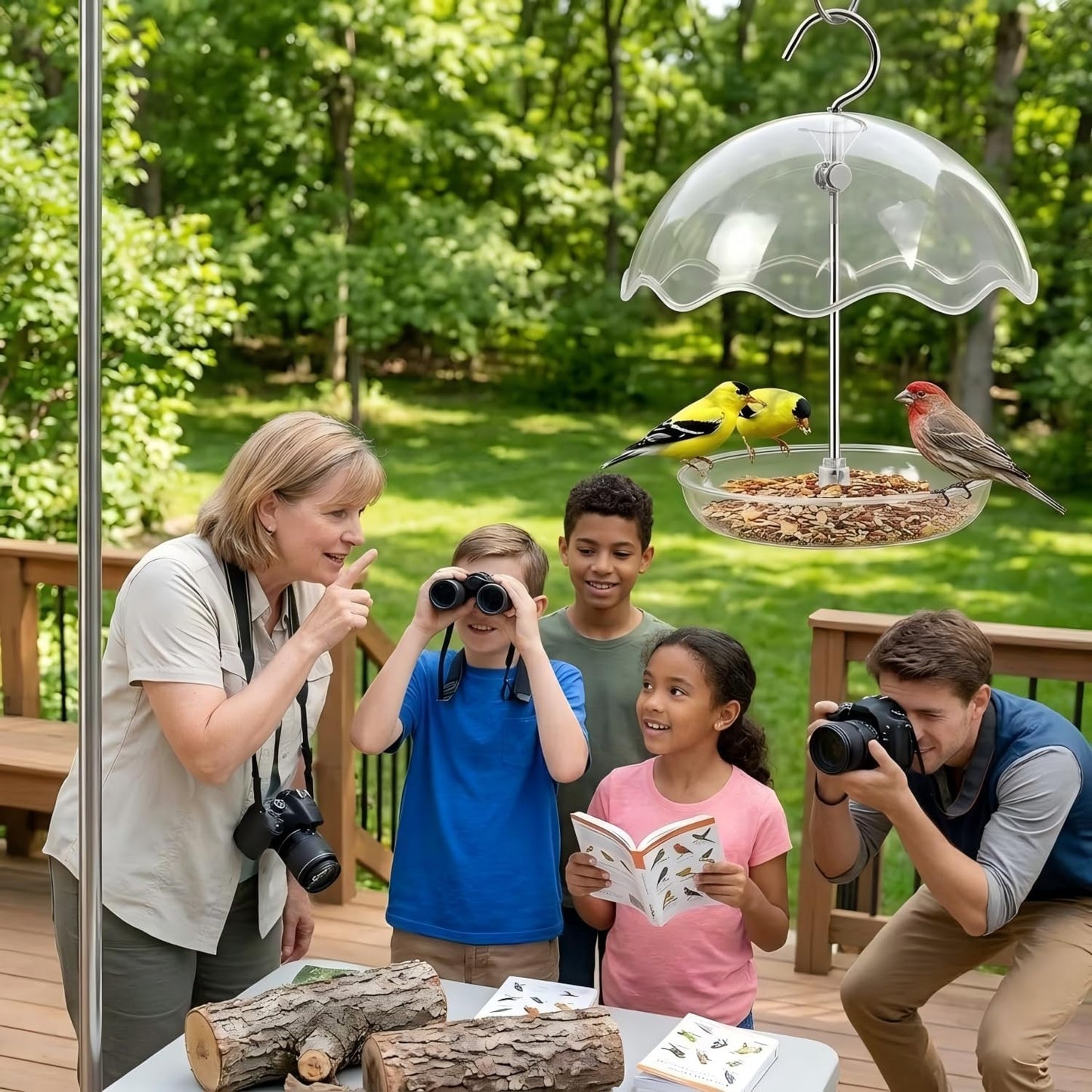 Hanging Platform Bird Feeder with Rain Shield, Adjustable Outdoor Seed Tray Feeder with Clear Dome, Large Capacity Plastic Bird Feeder for Wild Birds, Garden Porch Balcony