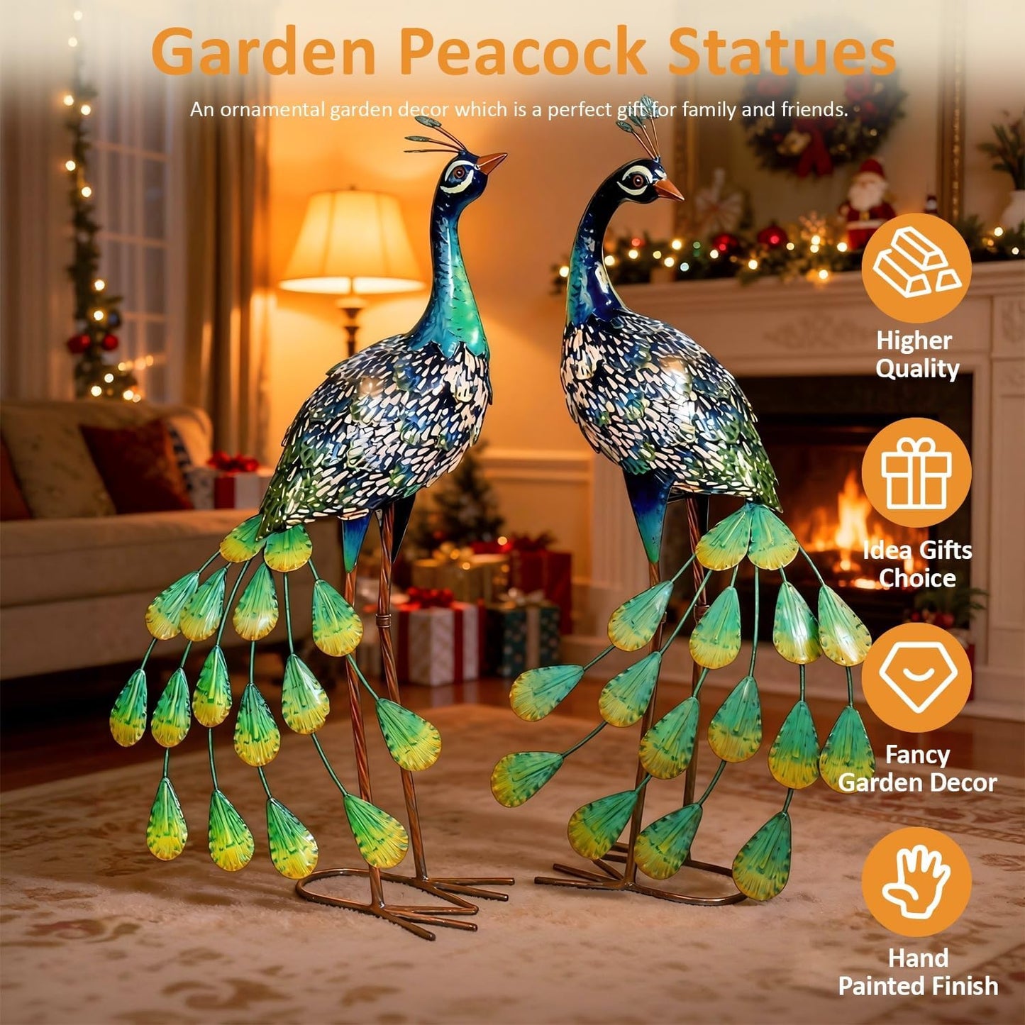 Kircust Solar Metal Peacock Statues - Set of 2 Weatherproof Outdoor Decor with Solar Lights for Garden, Yard, or Patio - Elegant Peacock Gifts