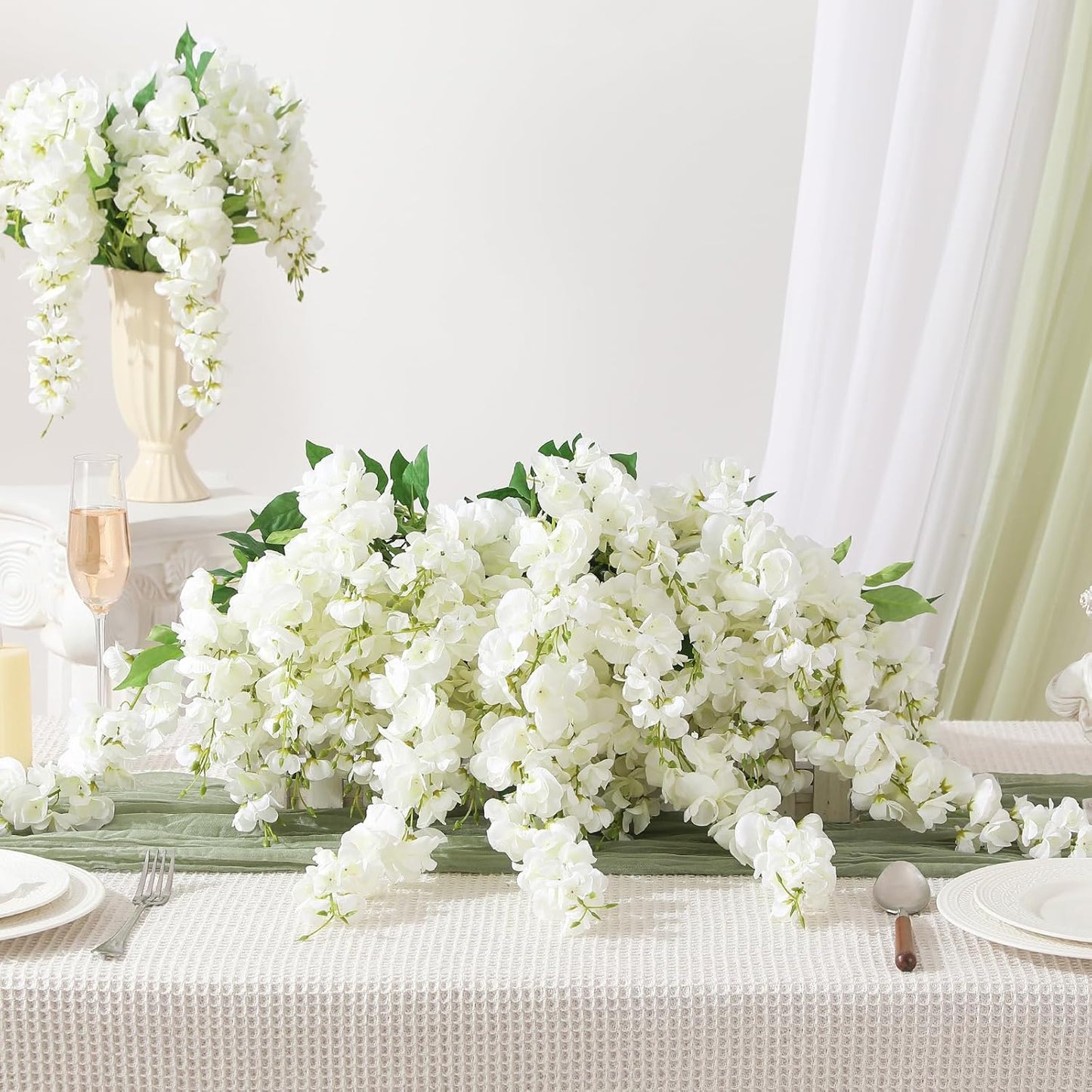Wisteria Hanging Flowers, Spring Fake Flower for Vase, 2Pcs Silk Wisteria UV & Fading Resistant Faux Plant for Wedding Arch Backdrop Outdoor Patio Garden Decoration Centerpiece Table (White)