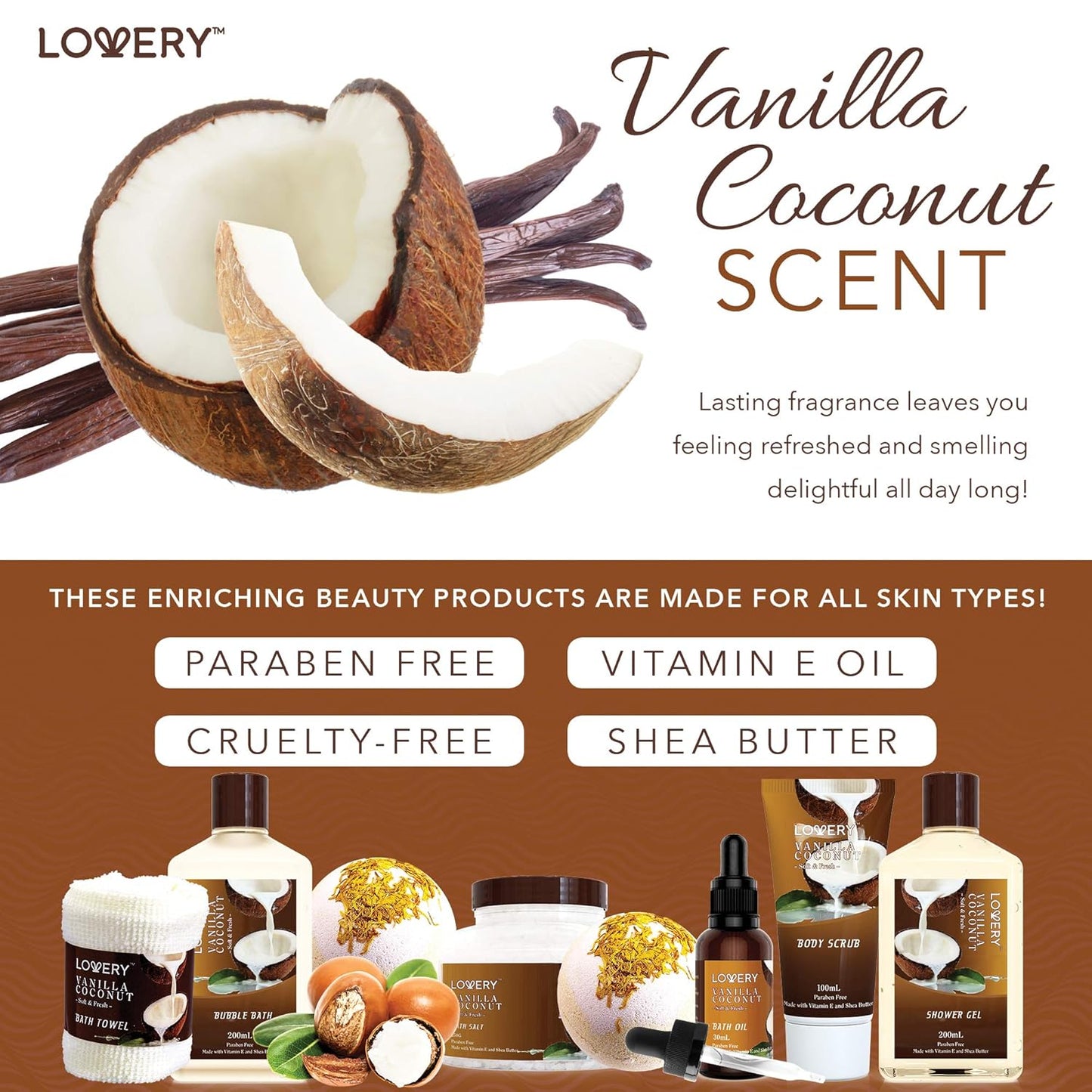 Gifts For Women Gift Basket for Women– 9 Piece Set of Vanilla Coconut 