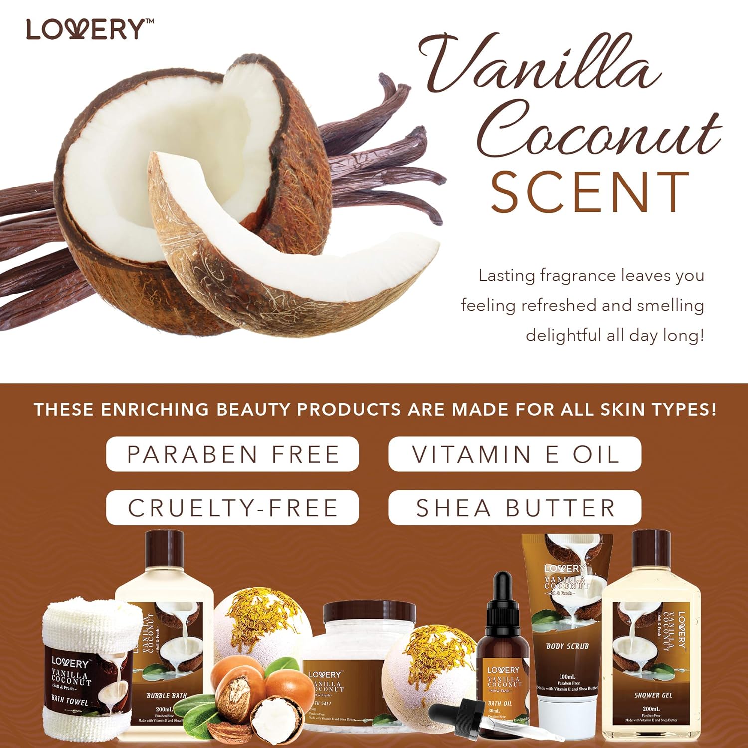 Gifts For Women Gift Basket for Women– 9 Piece Set of Vanilla Coconut 