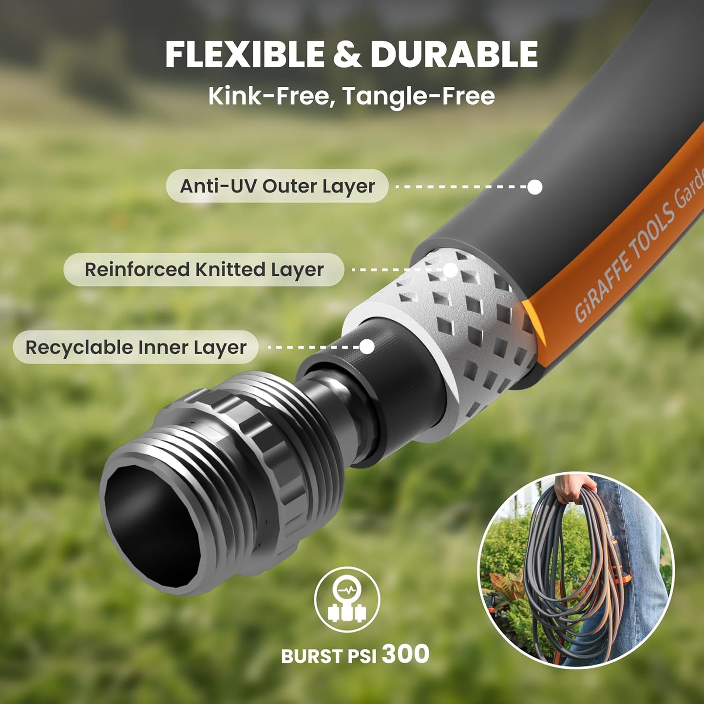 Giraffe Tools Garden Hose 50FT, 5/8" Lightweight Lay Flat Water Hose, 