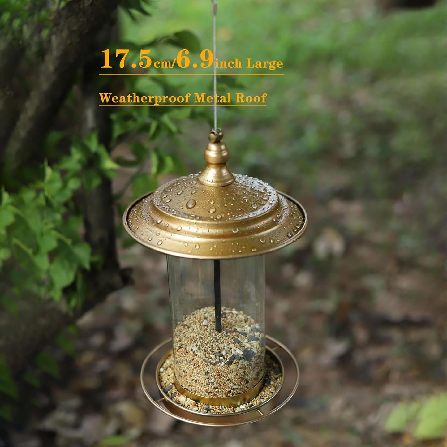 Bird Feeders for Outdoors,Hanging Bird Feeder with Locking Lid, Metal Birdfeeder 11.5 Inch with 17.5cm Weatherproof Large Roof&Tray,3 Feeding Perches,Copper,1 Pack