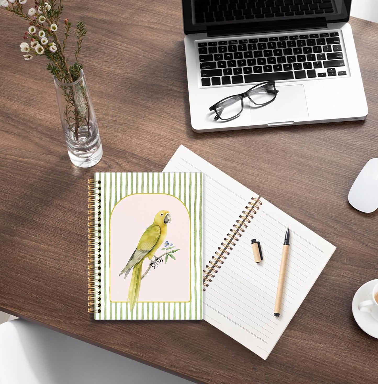 KRHFG Parrot Bird Spiral Notebook, Golden Conure Bird Watching Journal for Writing, Gifts for Bird Lovers, Striped Aesthetic Birding Notebooks for Note Taking, 5.5x8.3 Inch